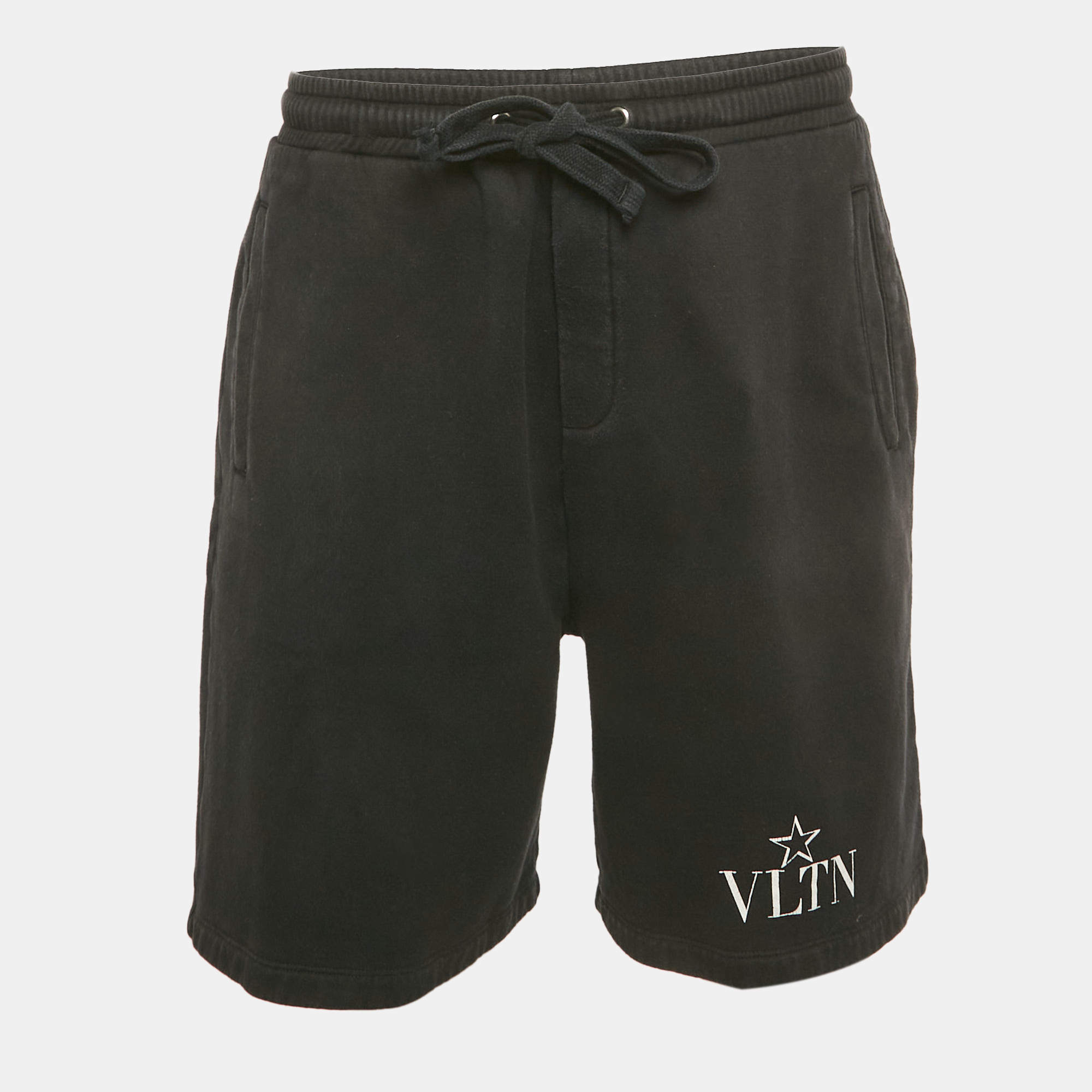 Pre Owned Valentino Black Logo Print Cotton Shorts L