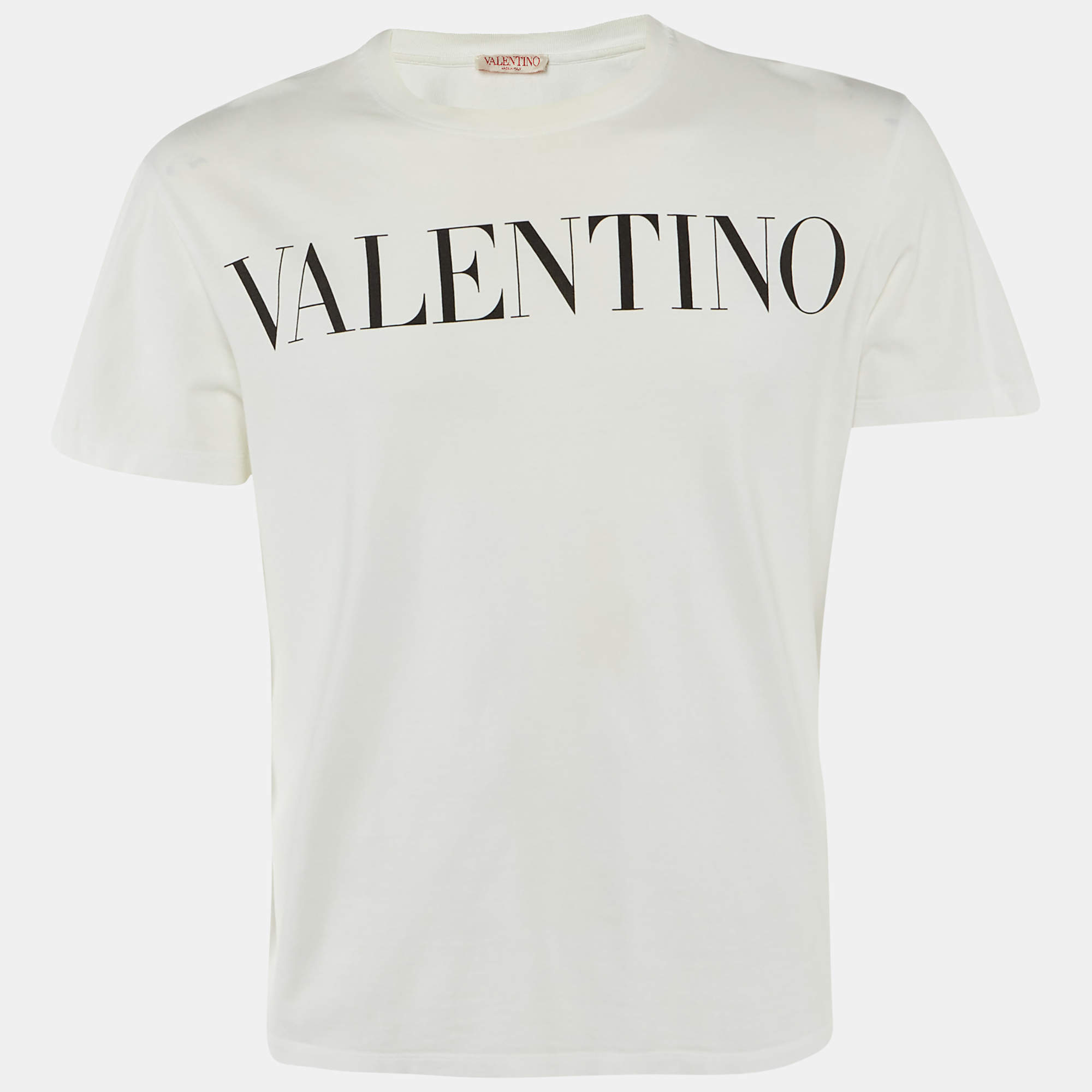 Pre Owned Valentino White Logo Print Cotton Crew Neck T-Shirt M