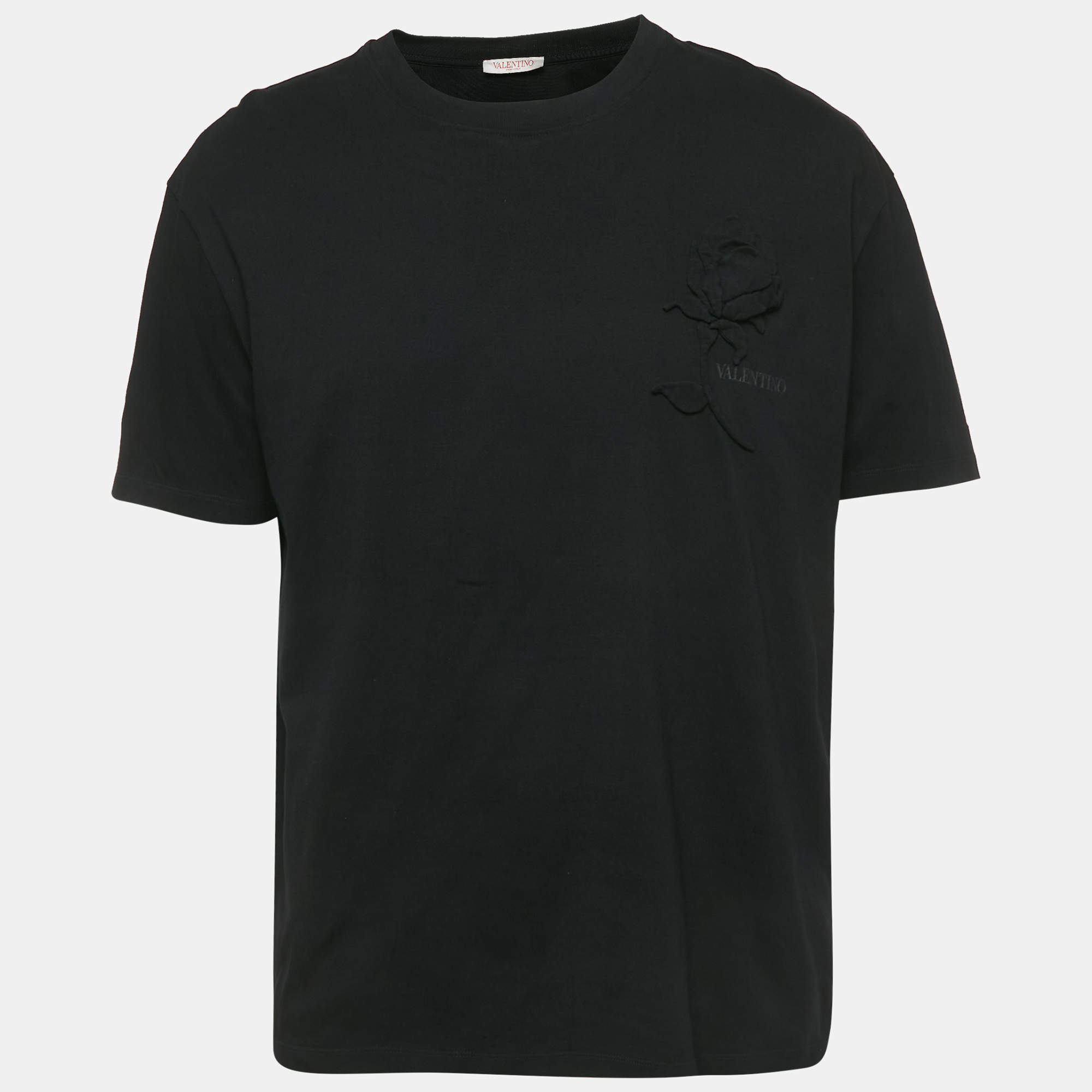 Pre Owned Valentino Black Floral Applique Jersey T-Shirt XXXL