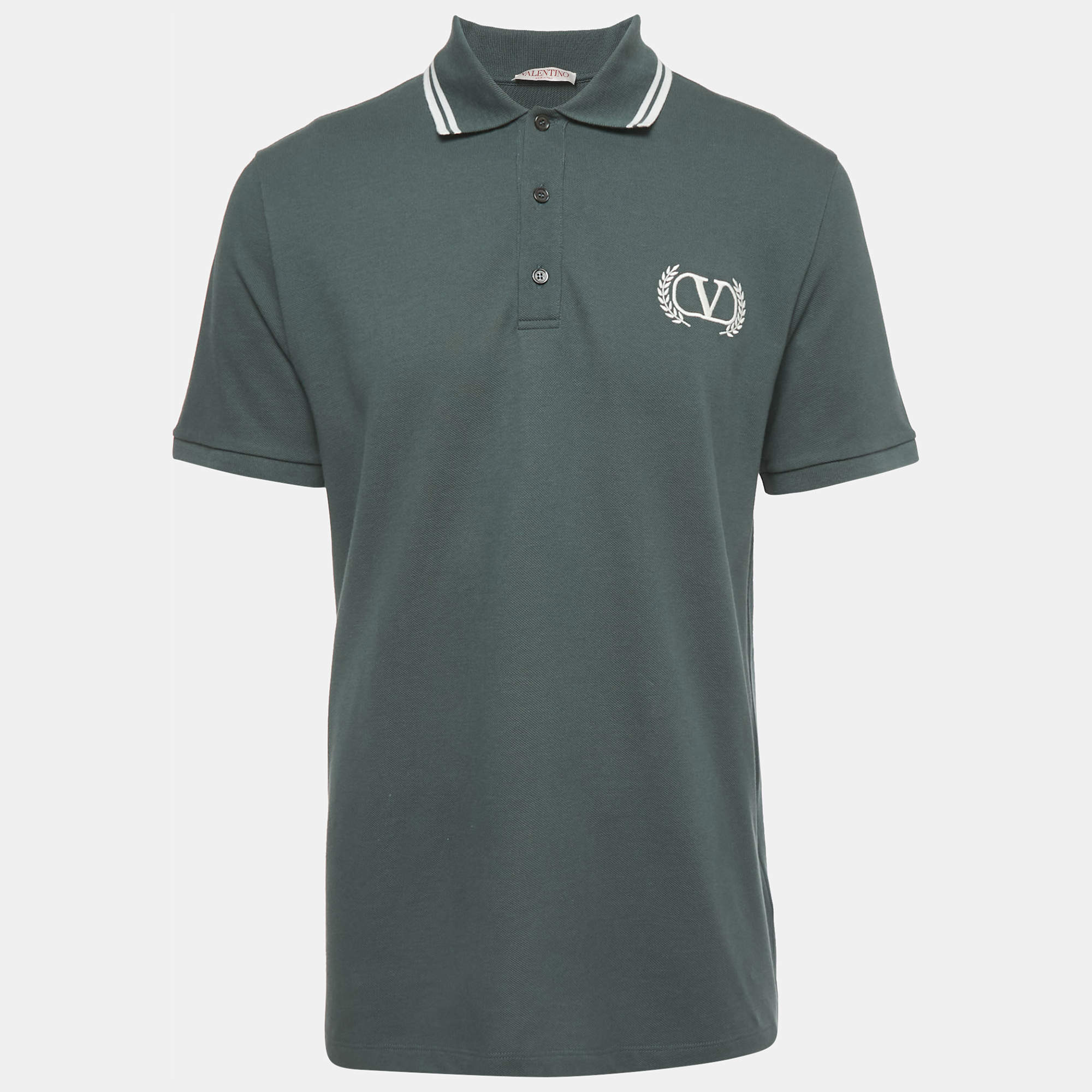 Pre Owned Valentino Green Logo Embroidered Pique Polo T-Shirt XL