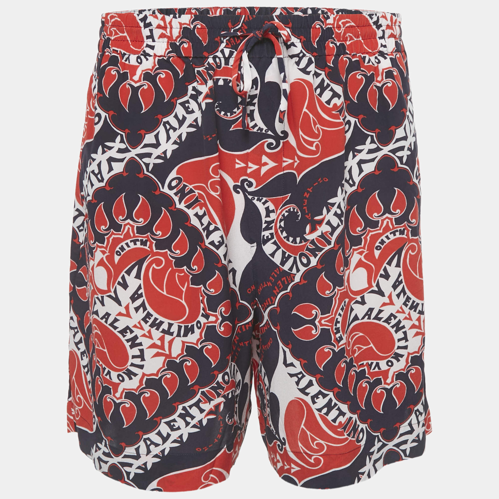 Pre Owned Valentino Red/Blue Printed Silk Shorts L