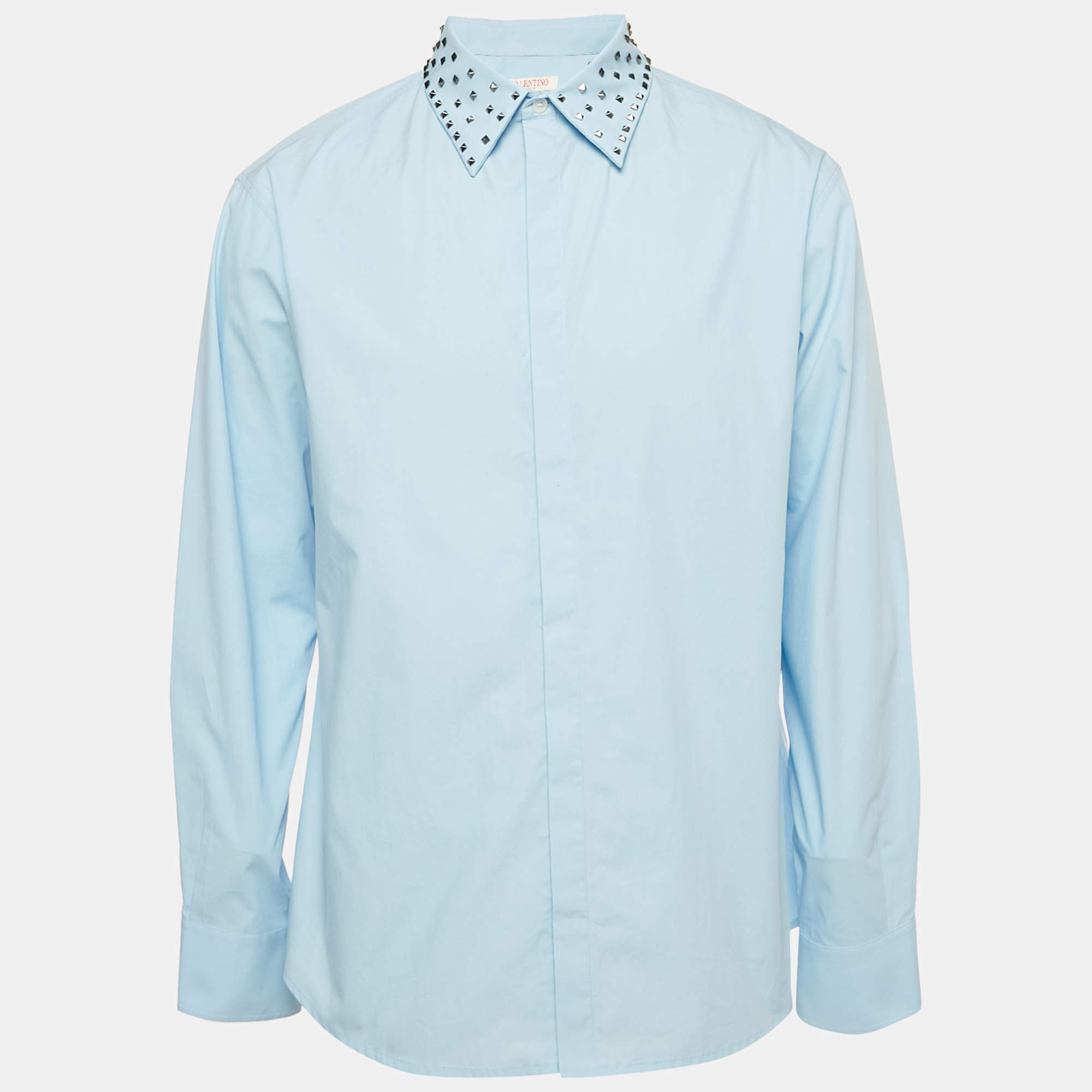 Pre Owned Valentino Blue Rockstead Embellished Cotton Shirt XL