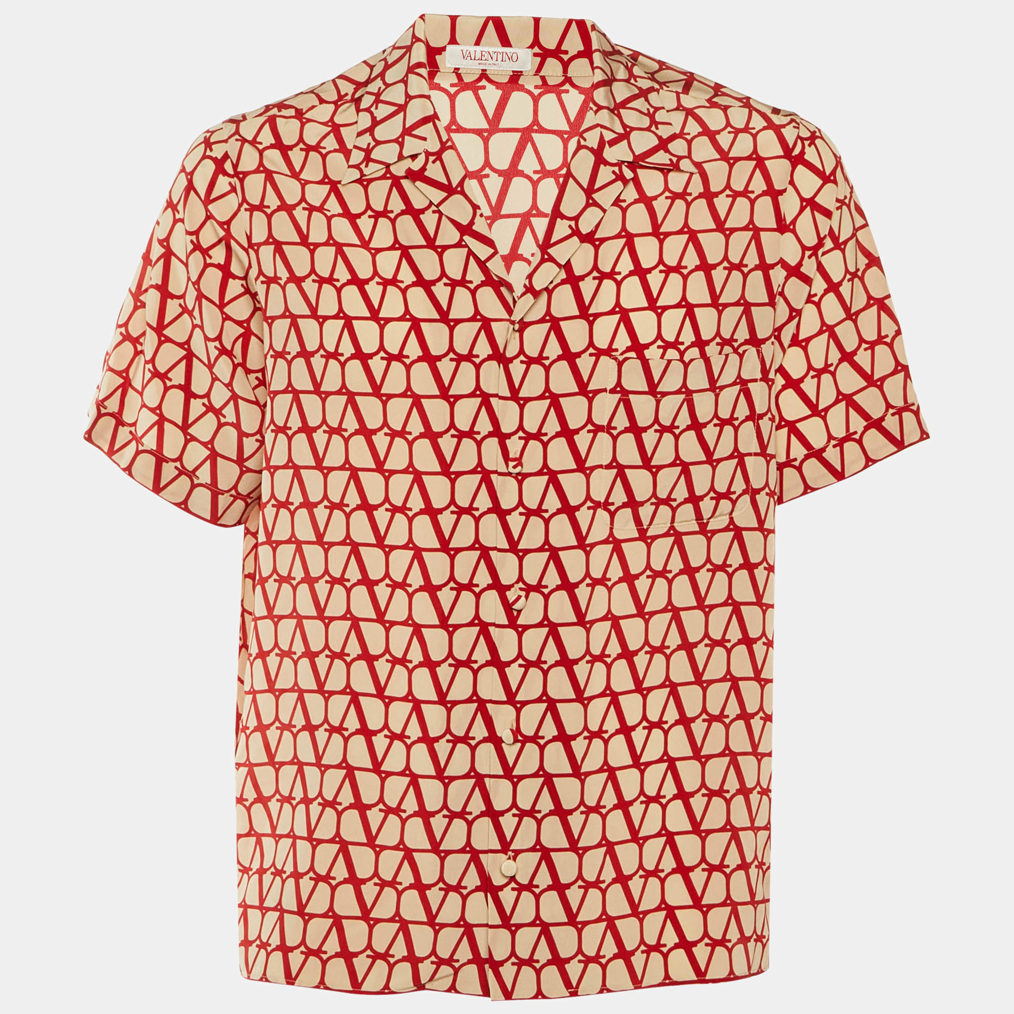 Pre Owned Valentino Beige /Red All Over V -Logo Print Silk Shirt XS 