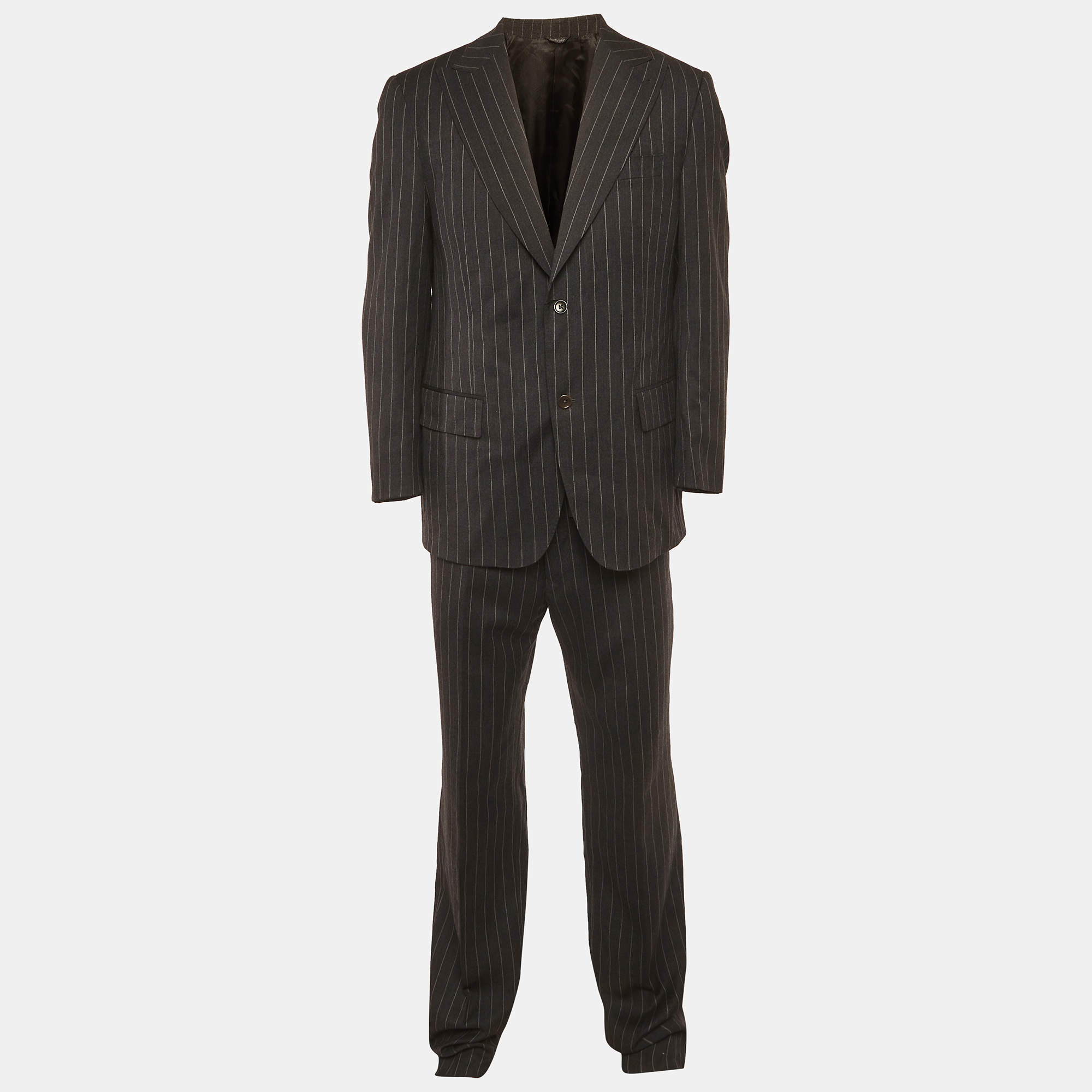 Pre Owned Valentino Black Pinstripe Wool Suit L/XL