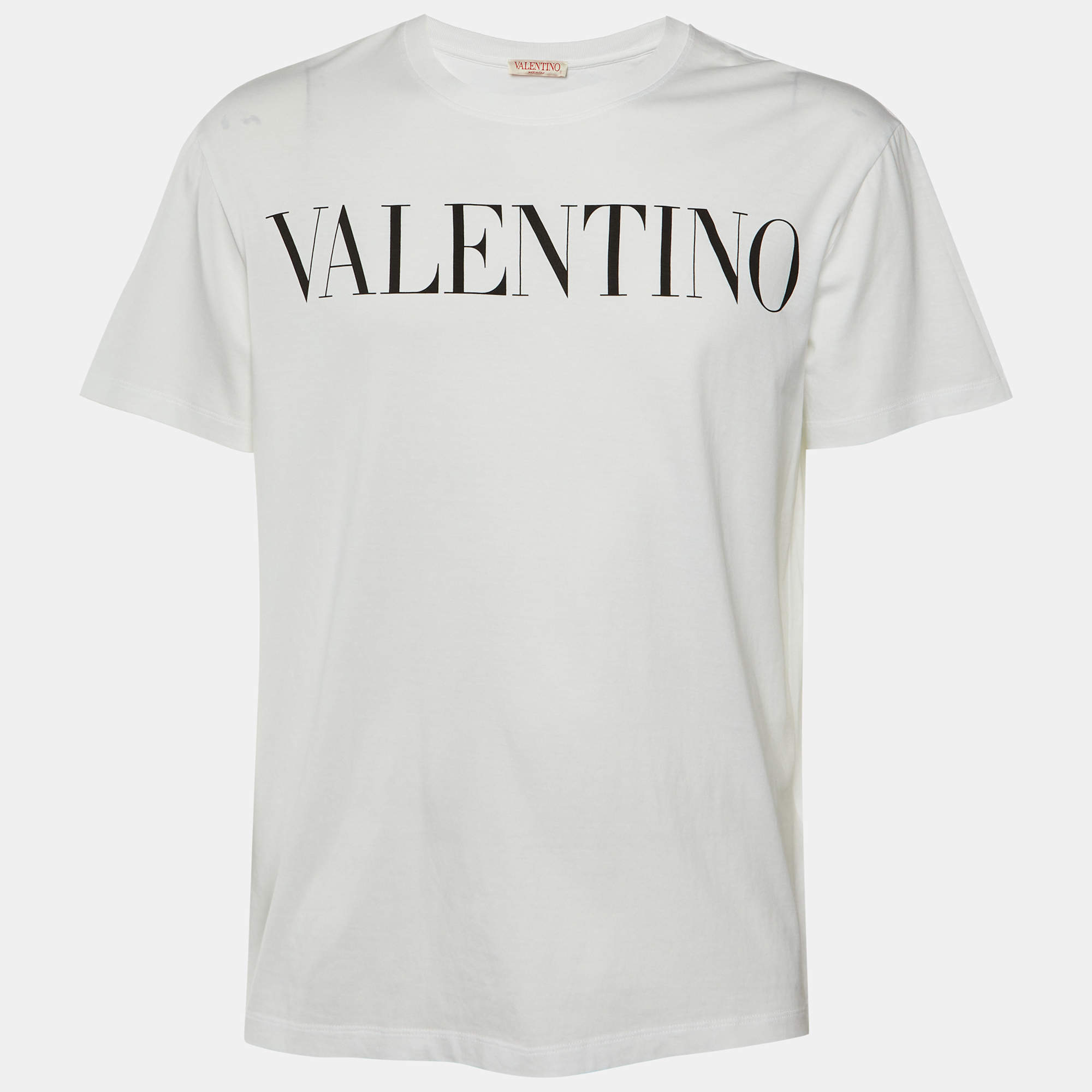 Pre Owned Valentino White Logo Print Cotton Crew Neck T-Shirt L