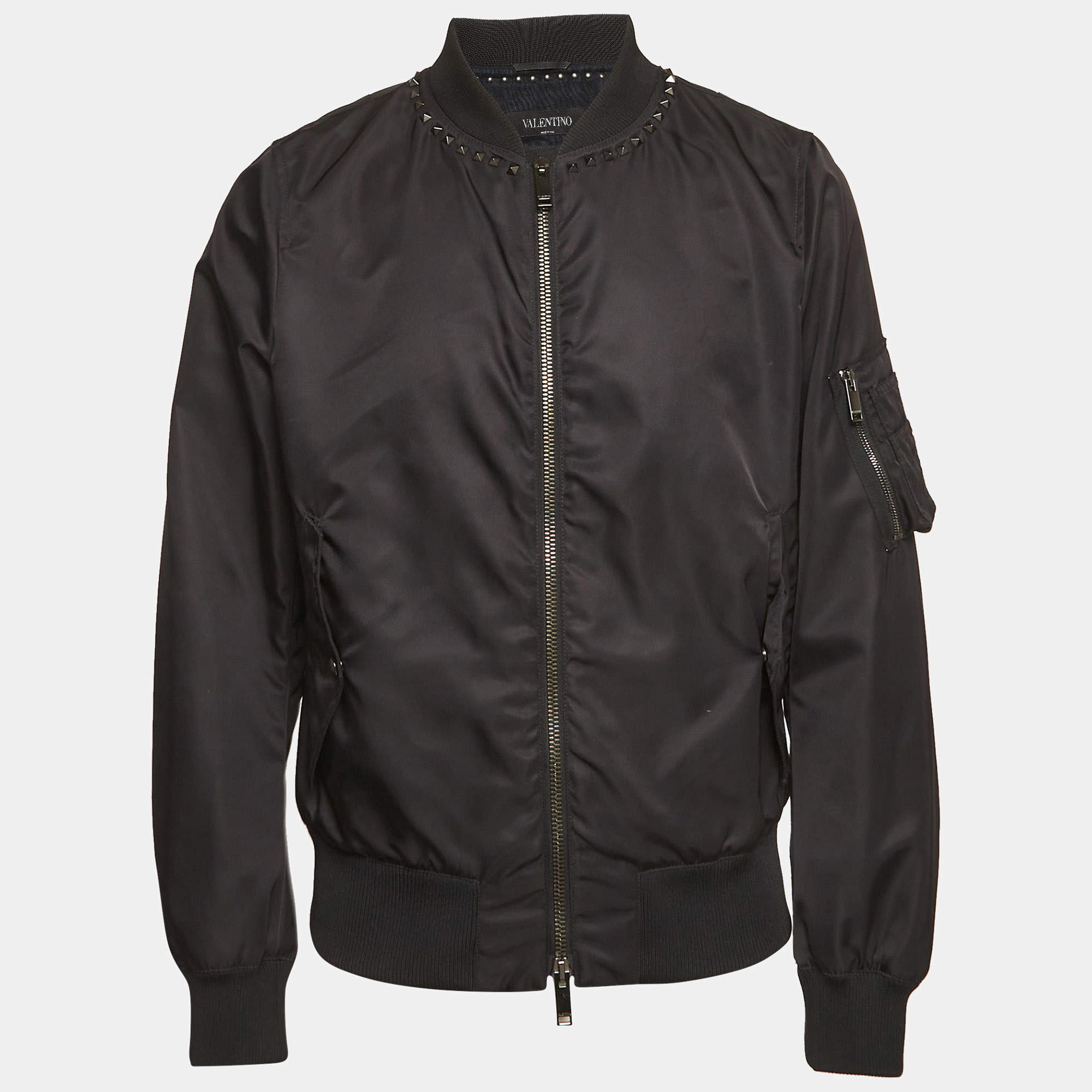 مملوكة مسبقًا Valentino Black Nylon Stud Detailed Bomber Jacket L