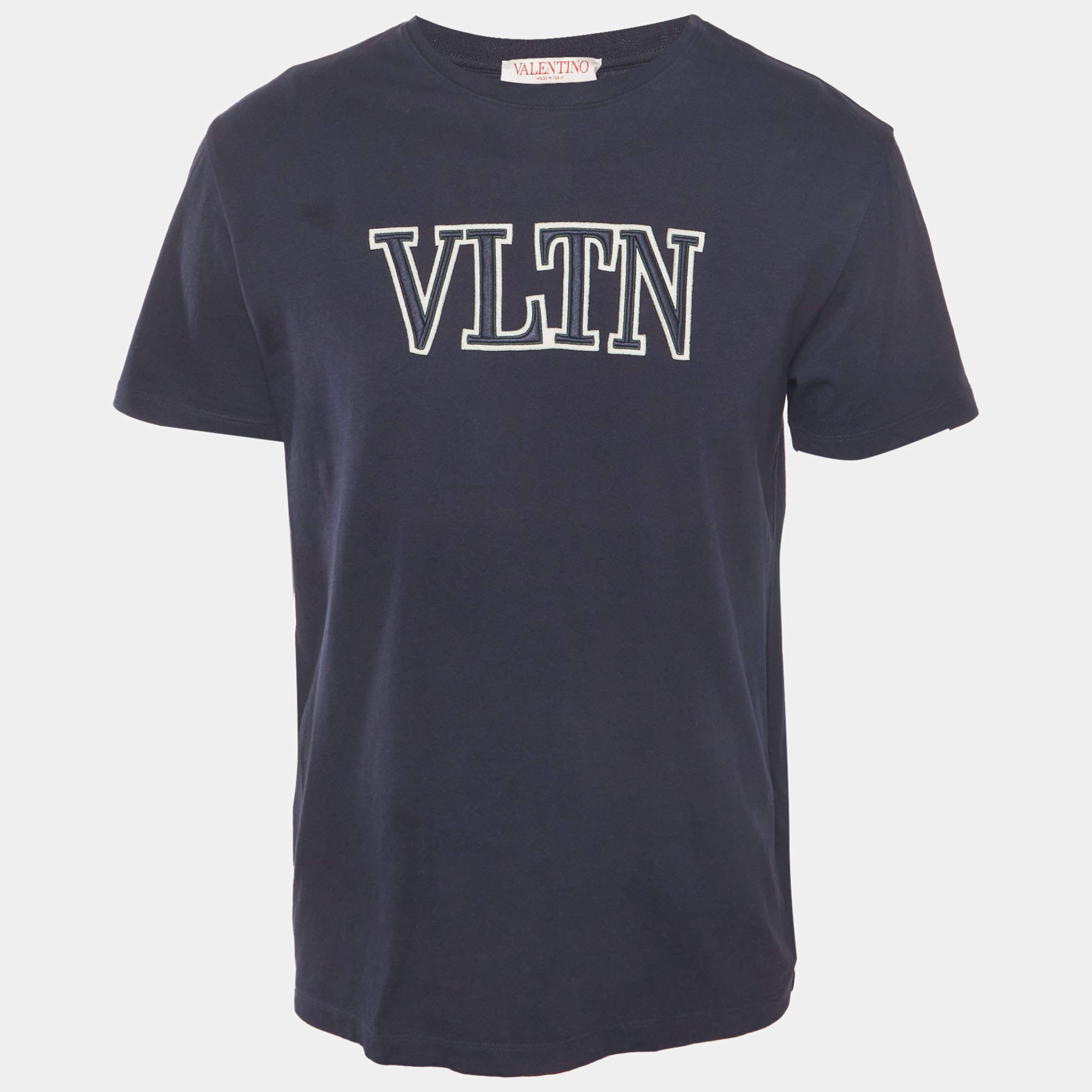 Pre Owned Valentino Navy Blue Logo Detail Jersey Crewneck T-Shirt M