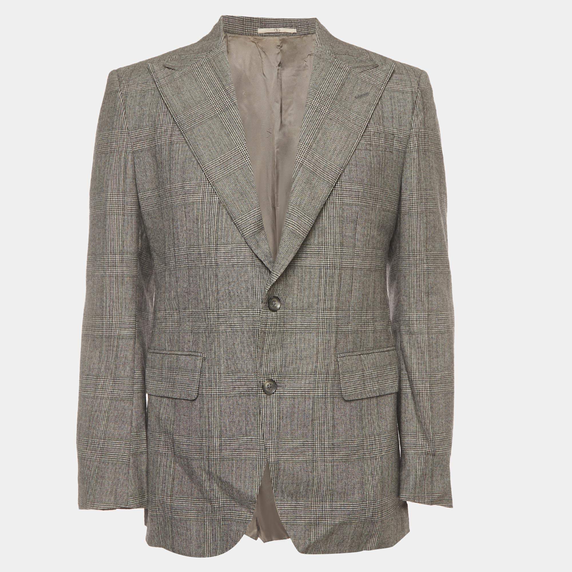 Pre Owned Valentino White/ Black Glen Plaid Wool Long Sleeve Jacket L