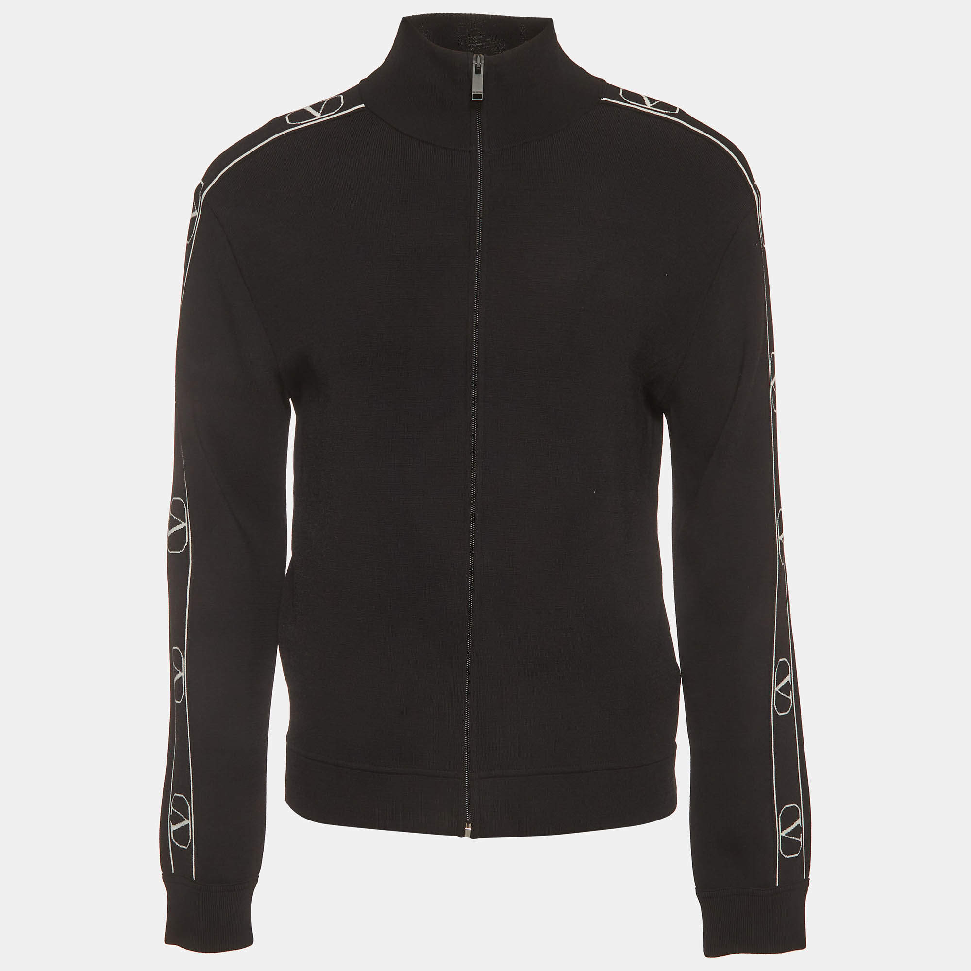 Pre Owned Valentino Black Logo Striped Knit Zip-Up Track Jacket M