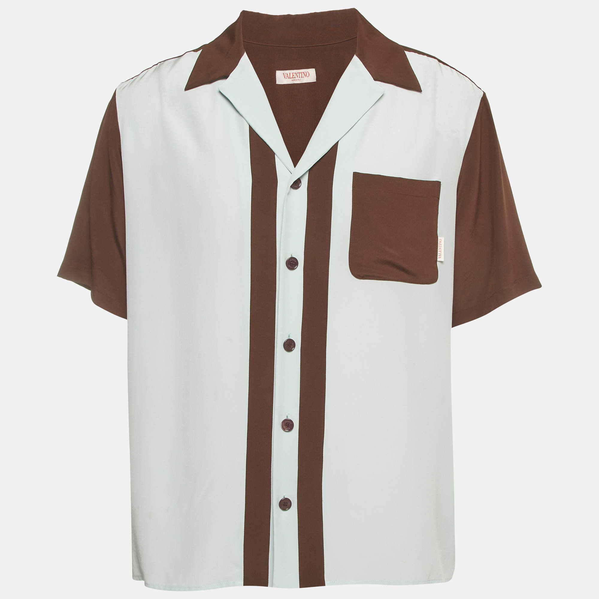 Pre Owned Valentino Brown/ Blue Satin Short Sleeve Bowling Shirt XS
