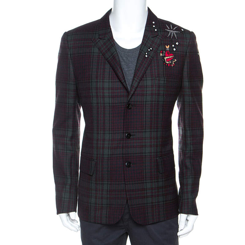 Pre Owned Valentino Bicolor Tartan Plaid Wool Embellished Detail Blazer XL