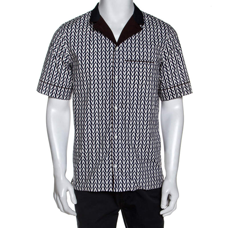 Pre Owned Valentino Bicolor Optical V Print Cotton Short Sleeve Shirt M