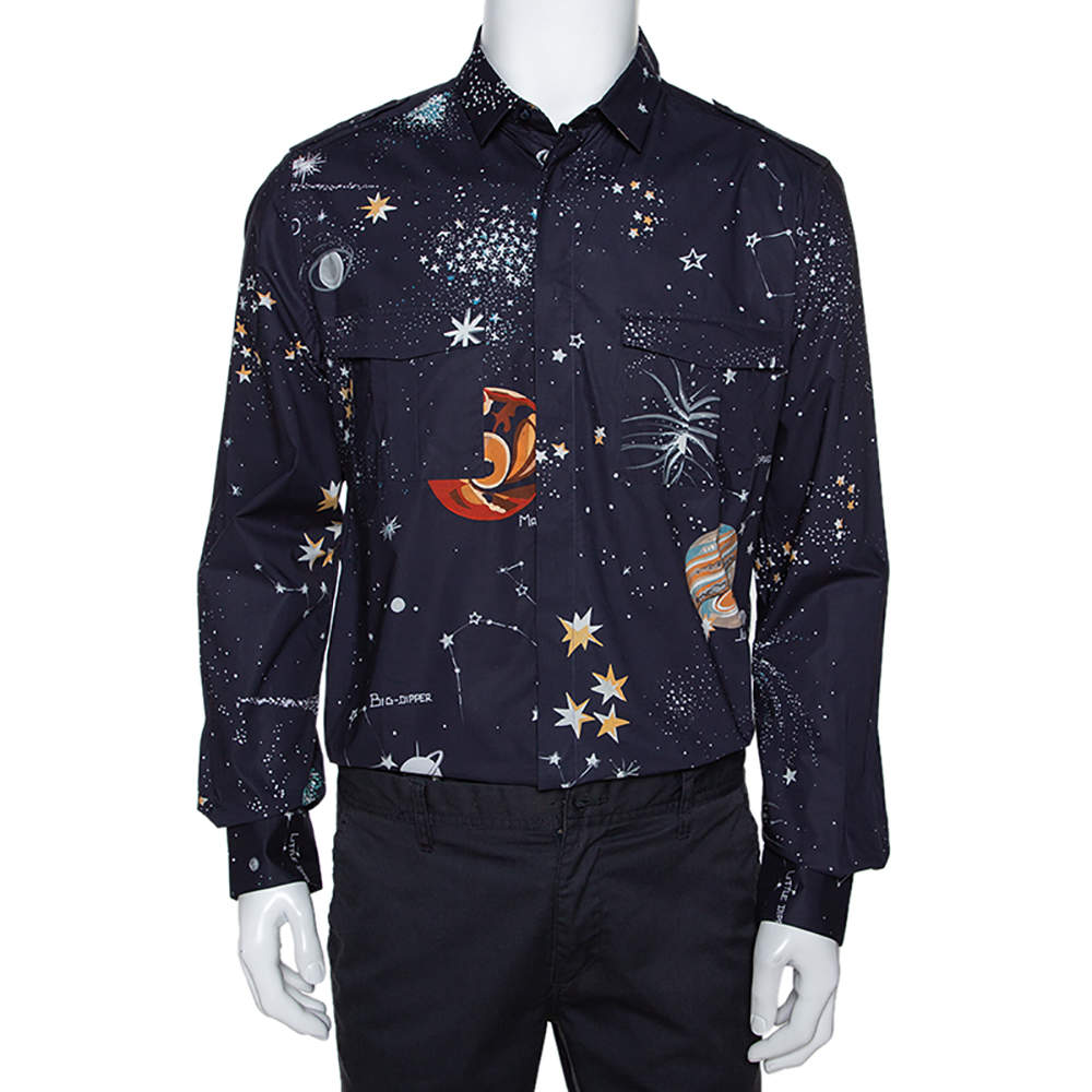 Valentino Navy Blue Cosmo Print Cotton Pocket Detail Shirt XL