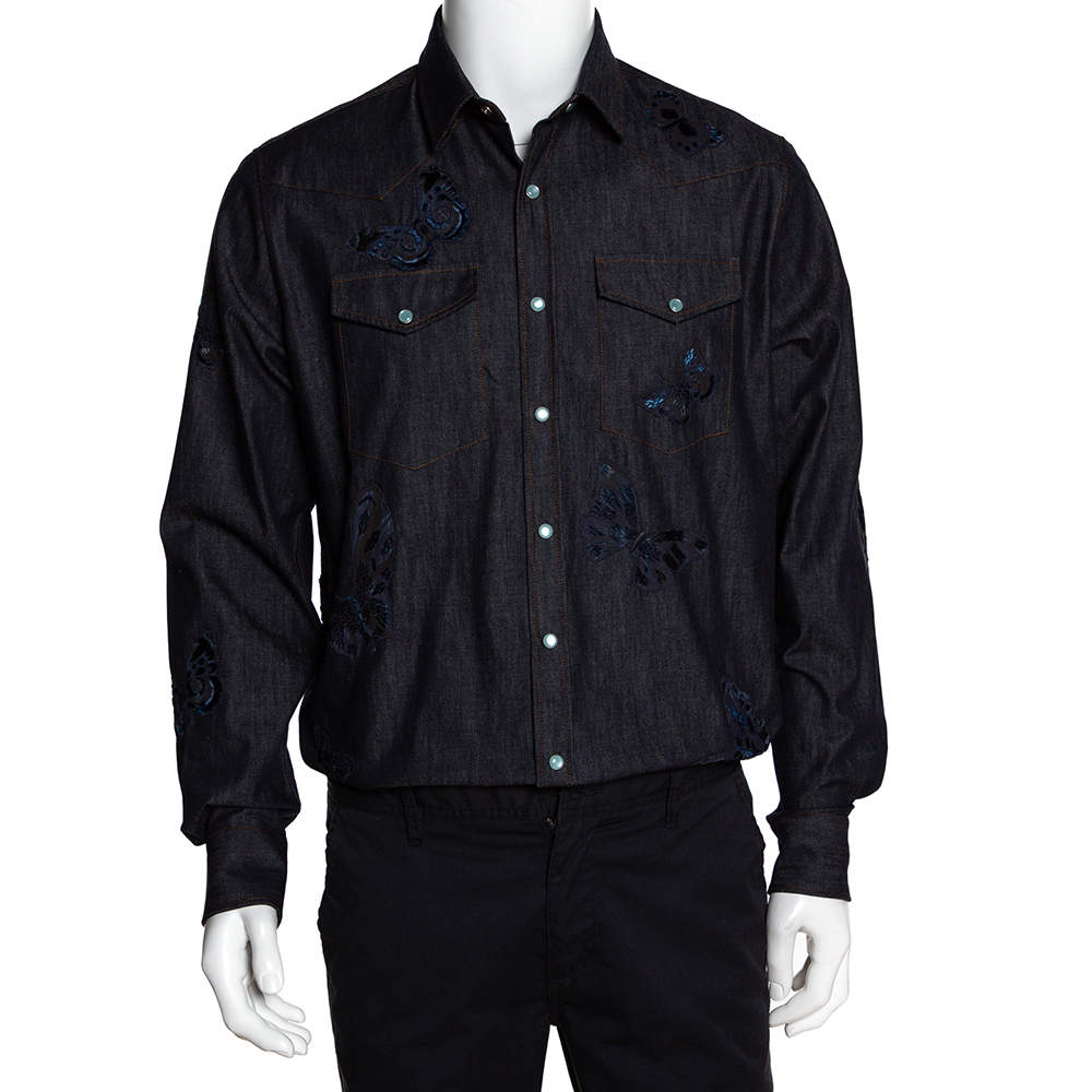 Pre Owned Valentino Indigo Denim Butterfly Embroidered Shirt L 
