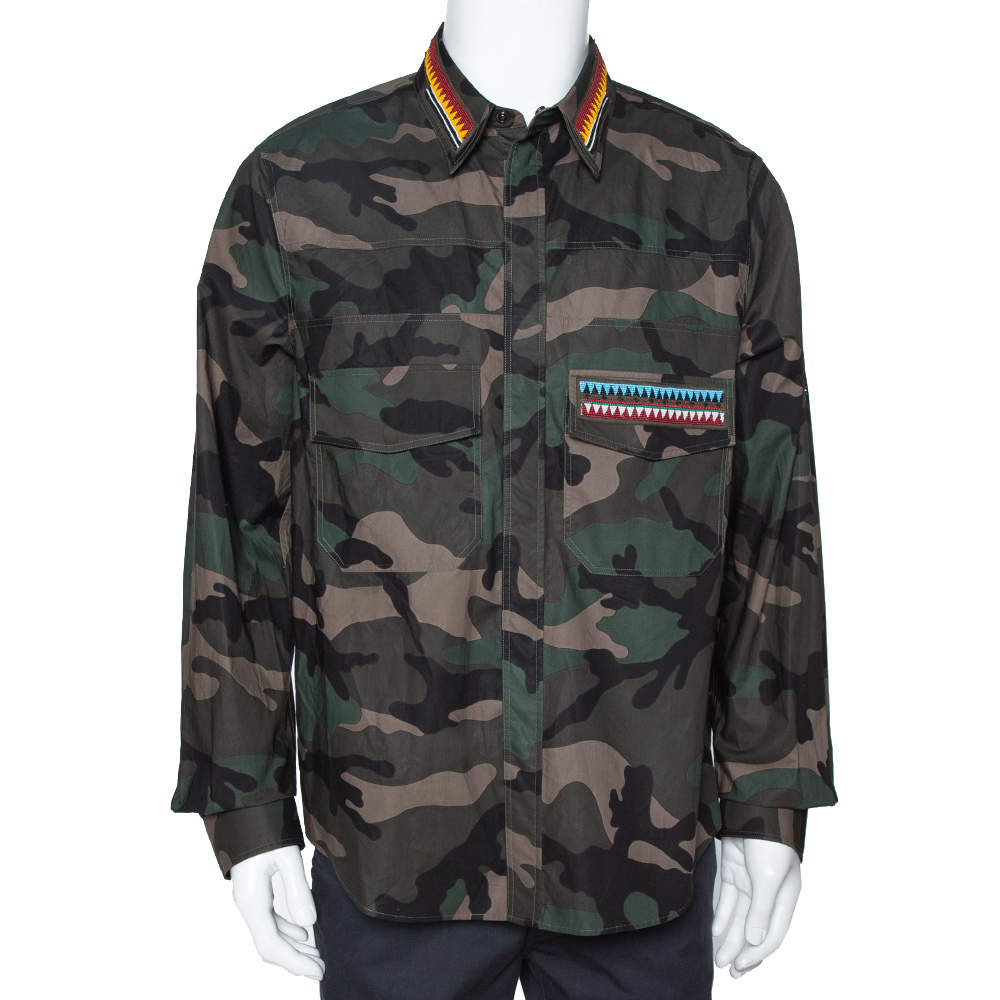 Pre Owned Valentino Green Camouflage Print Cotton Bead Embroidered Shirt XL
