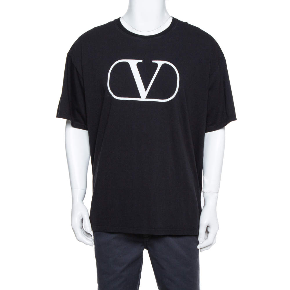Valentino Black Knit Logo Printed Crewneck T-Shirt L