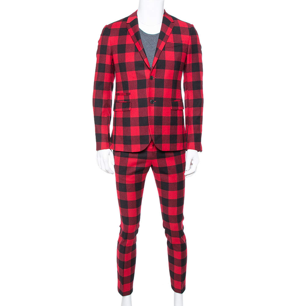 Valentino Red & Black Buffalo Check Wool Classic Suit S