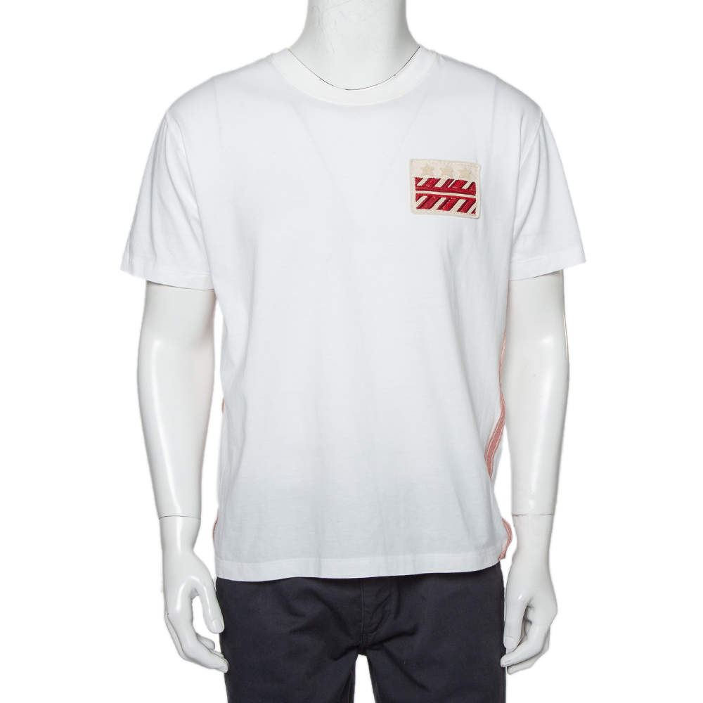 Pre Owned Valentino White Cotton Contrast Trim & Embroidery Patch Detail Crewneck T-Shirt M