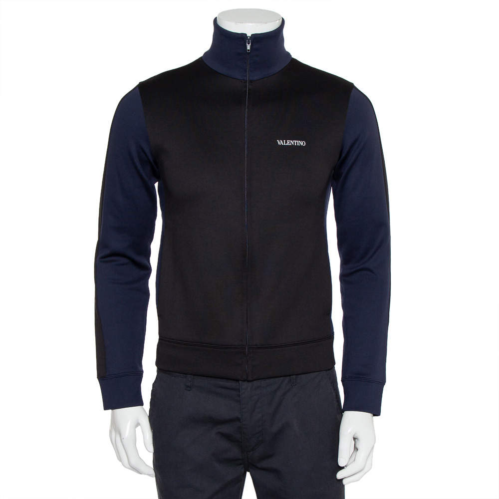 Pre Owned Valentino Black & Navy Blue Paneled Jersey Logo Printed Zip Front Track Jacket XS