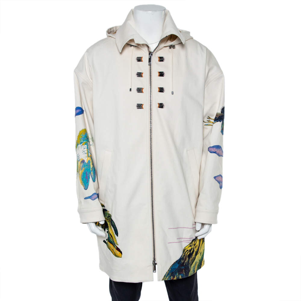 Pre Owned Valentino Beige Denim Beaded Patch Work Detail Oversized Hooded Long Jacket M
