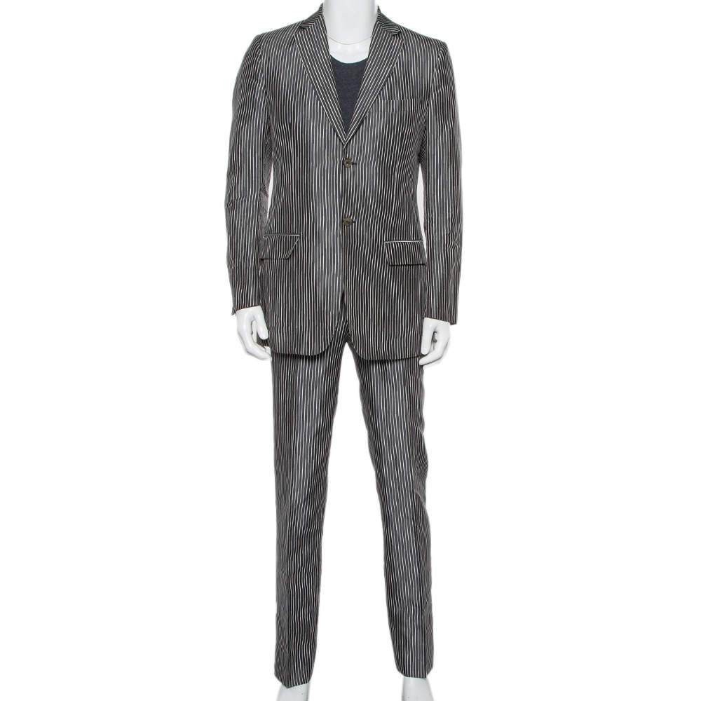 Pre Owned Valentino Vintage Grey Striped Synthetic Suit L