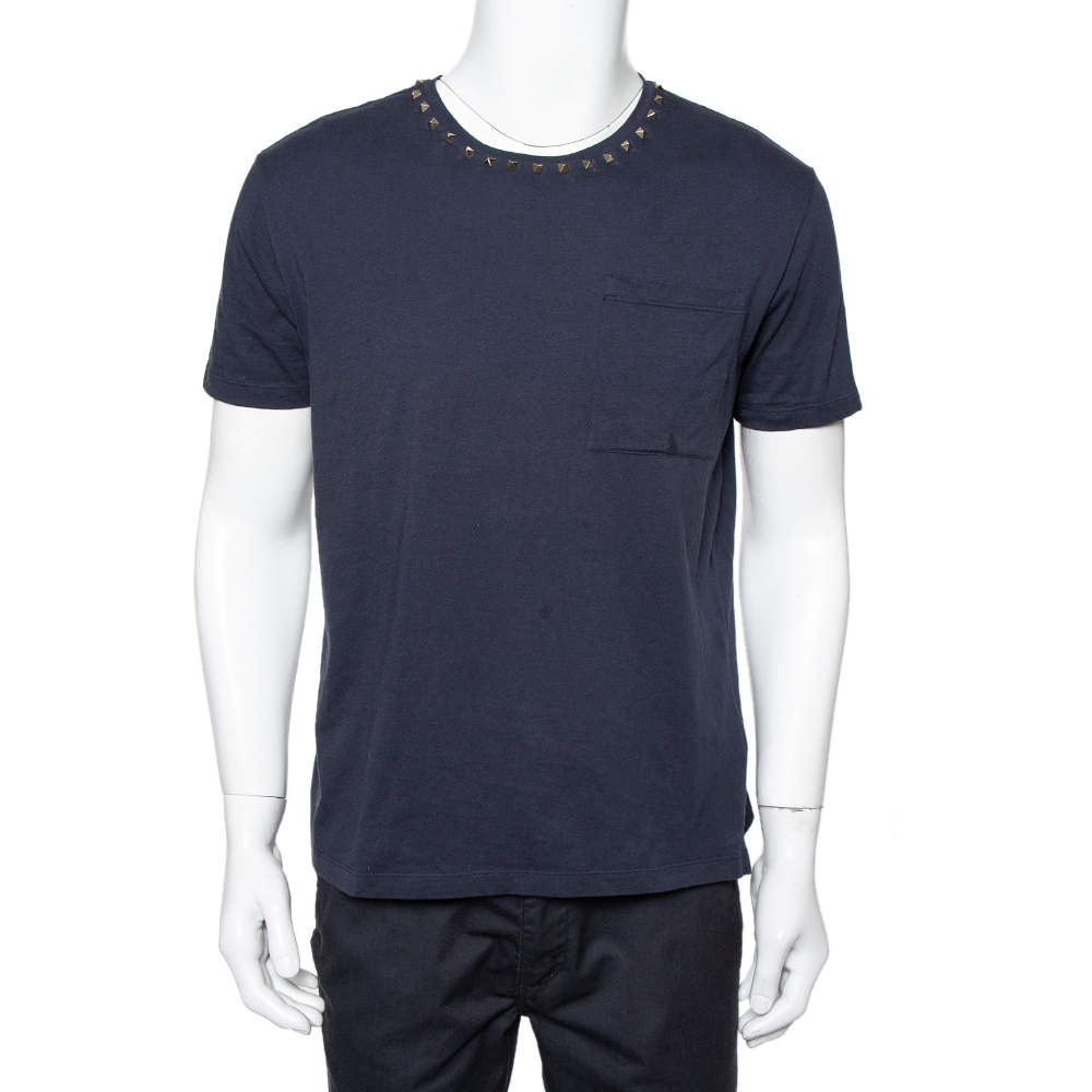 Valentino Navy Blue Cotton Rockstud Neckine Detail Crewneck T-Shirt L