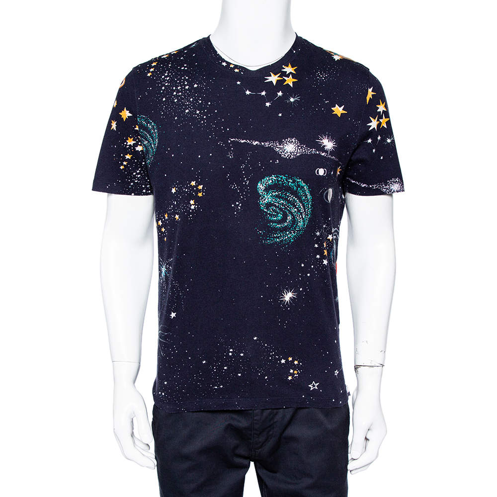 Pre Owned Valentino Navy Blue Cosmo Print Cotton Crewneck T-Shirt M