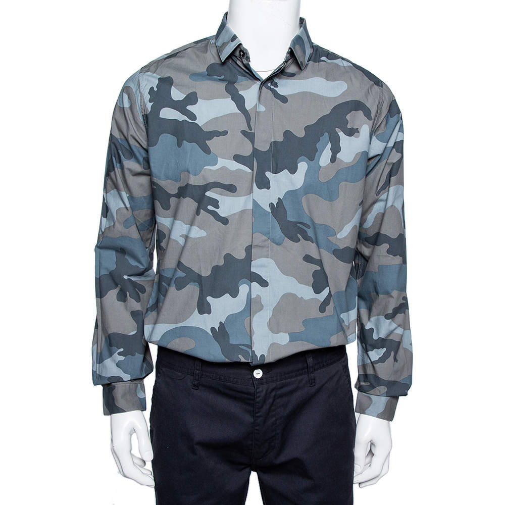Valentino Grey Camoflauge Printed Cotton Button Front Shirt M