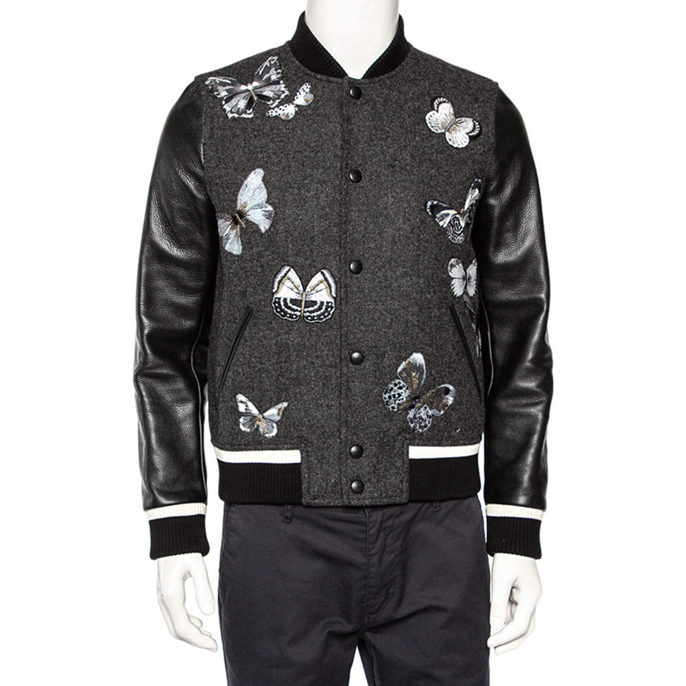 Valentino Charcoal Grey Wool & Black Leather Embroidered Bomber Jacket XS