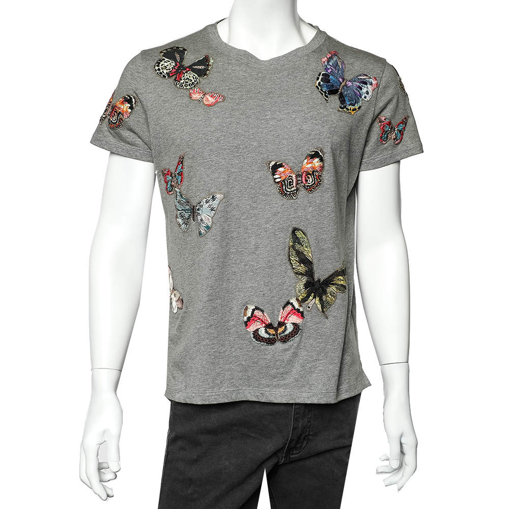 Valentino Grey Cotton Butterfly Patch Detail Crewneck T-Shirt S