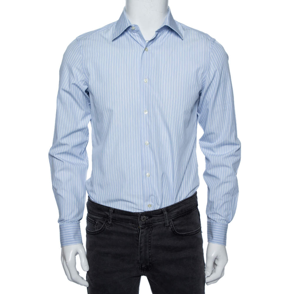 Pre Owned Valentino Sky Blue Striped Cotton Tailored Fit Shirt M