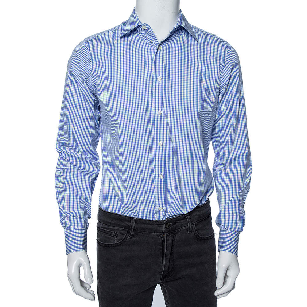 Valentino Blue Checkered Cotton Tailored Fit Shirt M 