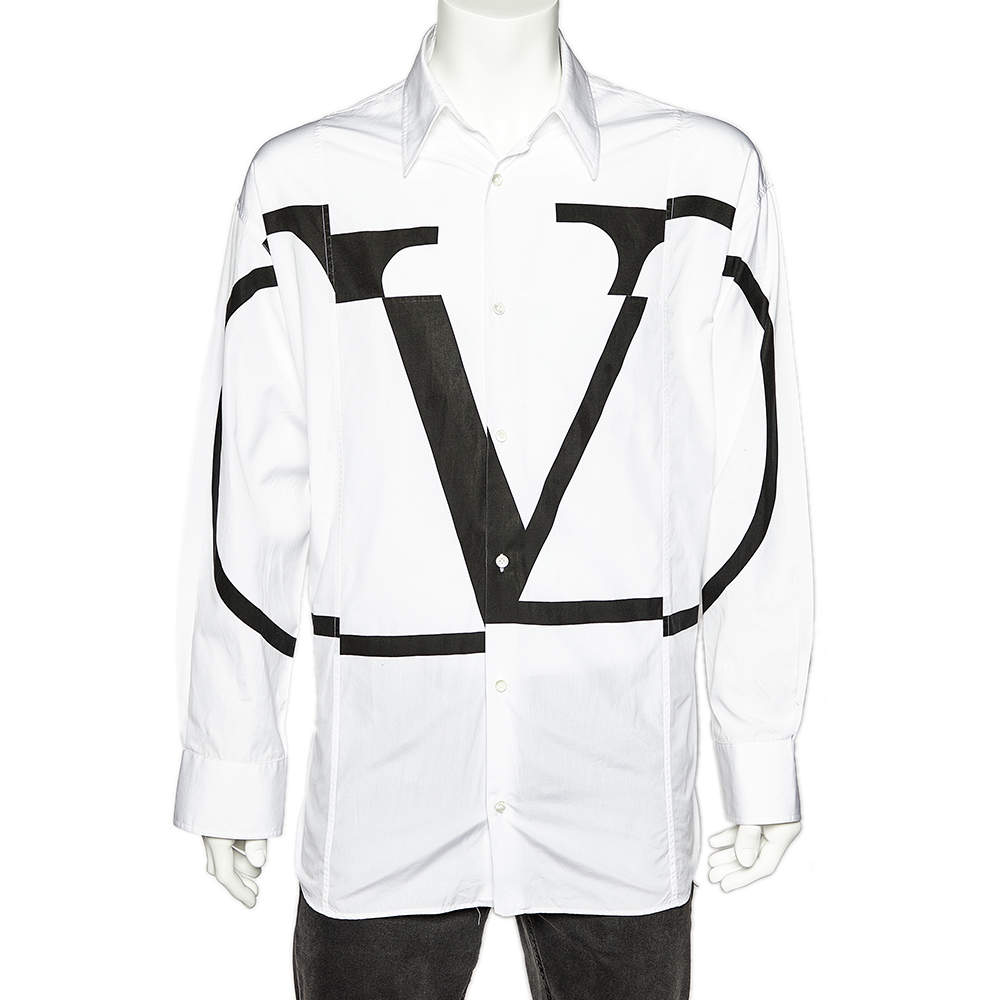 Valentino White Deconstructed VLogo Printed Cotton Oversized Shirt M