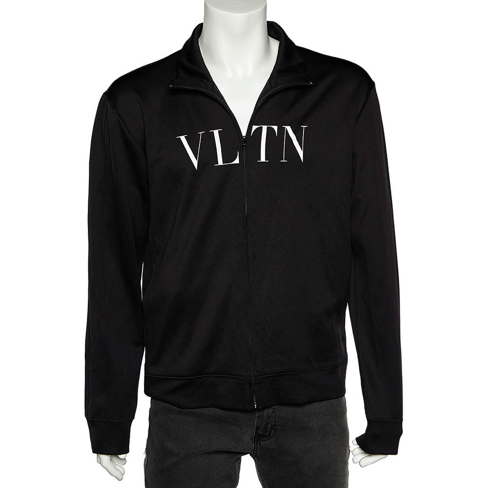 Pre Owned Valentino Black VLTN Printed Knit Zip Front Hoodie XXL
