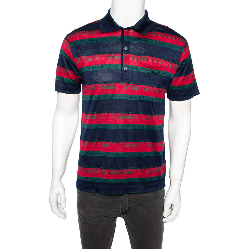 Pre Owned Valentino Chemise Vintage Multicolored Striped Cotton Pique Polo T-Shirt M