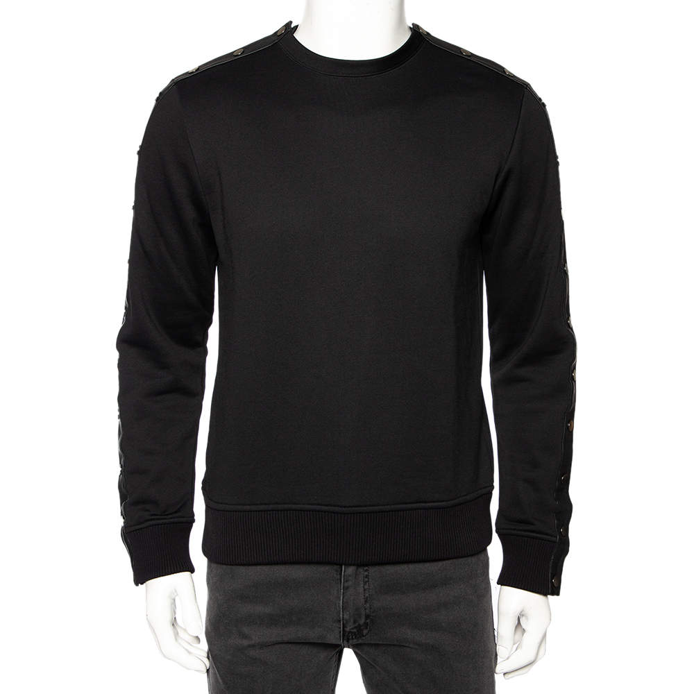 Valentino Black Knit Leather Detail Button Sleeve Sweatshirt M