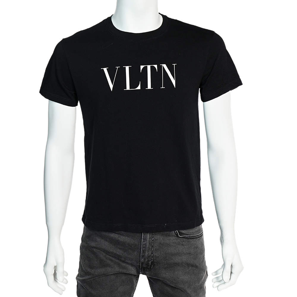 Pre Owned Valentino Black VLTN Printed Cotton Crewneck T-Shirt XS