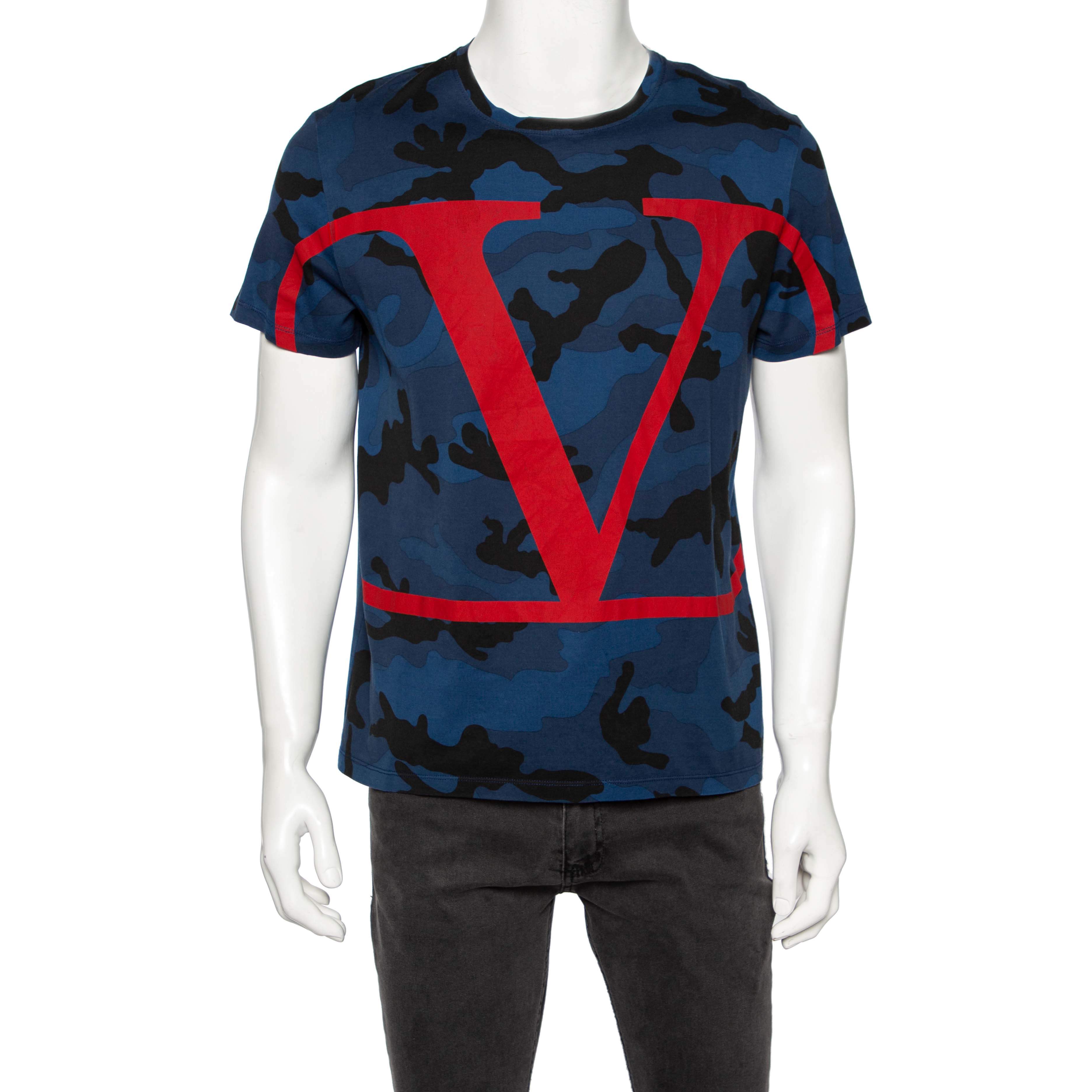 Pre Owned Valentino Blue Camouflage VLogo Printed Cotton Short Sleeve T-Shirt L