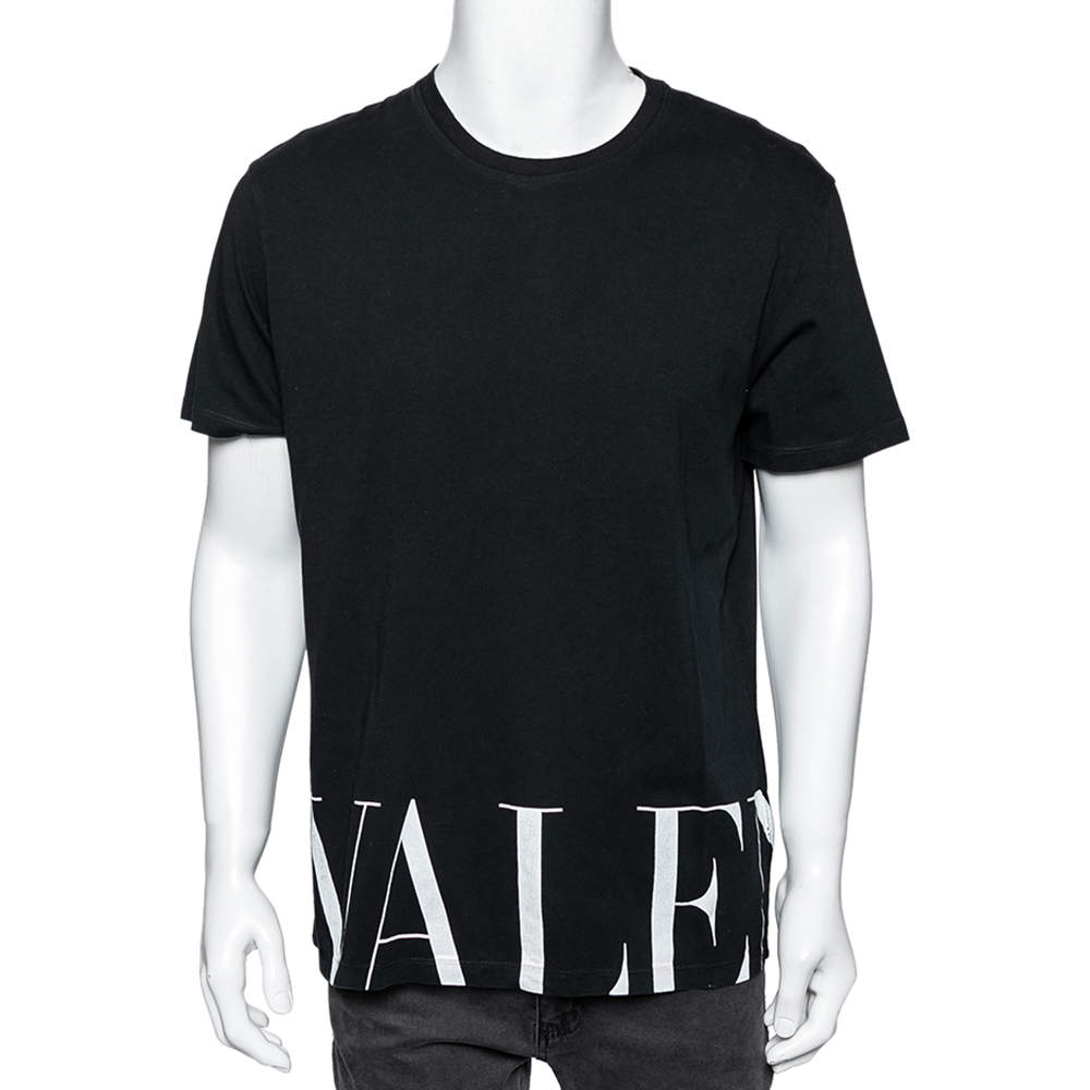 Pre Owned Valentino Black Cotton Logo Printed Short Sleeve T-Shirt XL