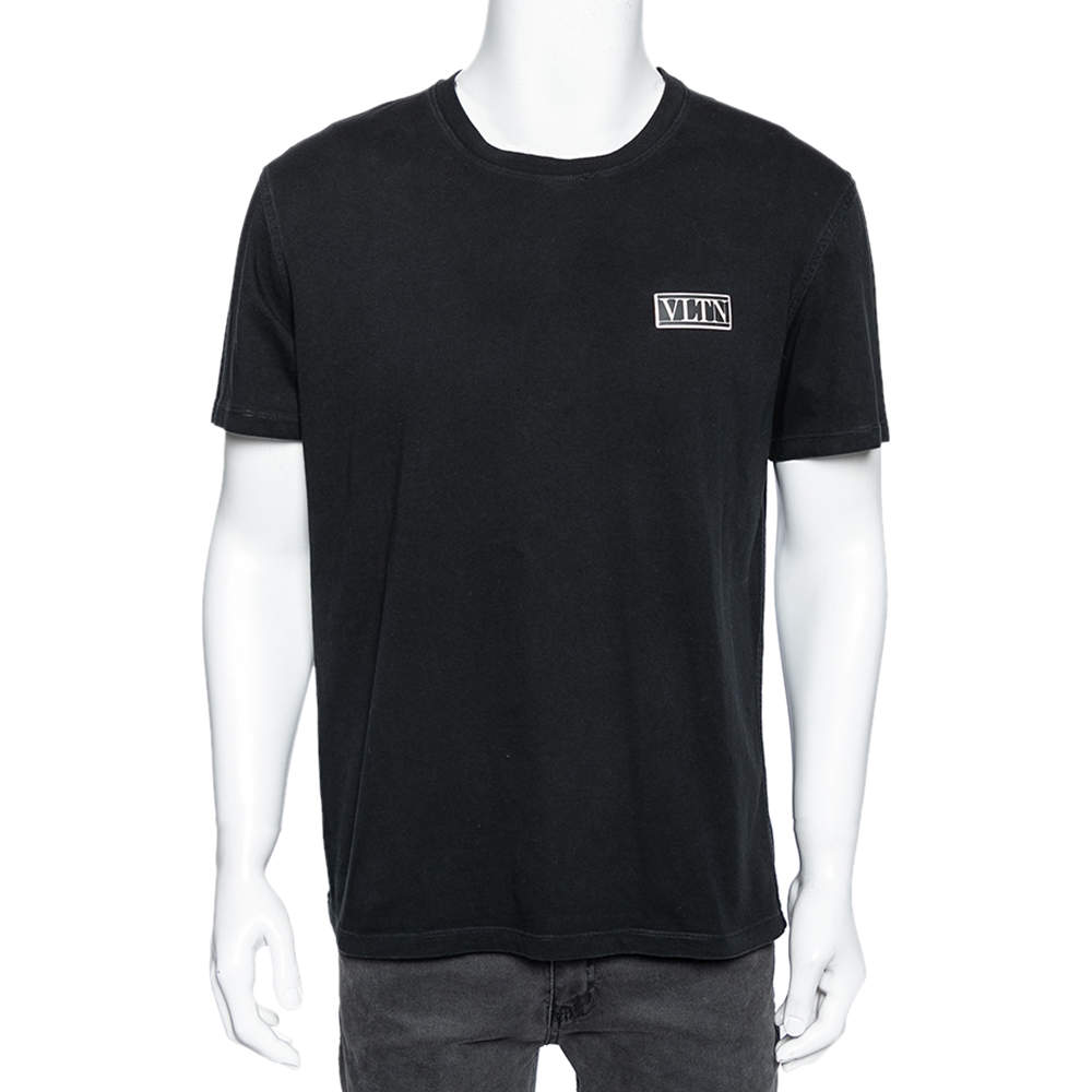 Pre Owned Valentino Black Cotton Logo Applique Detailed T-Shirt XL