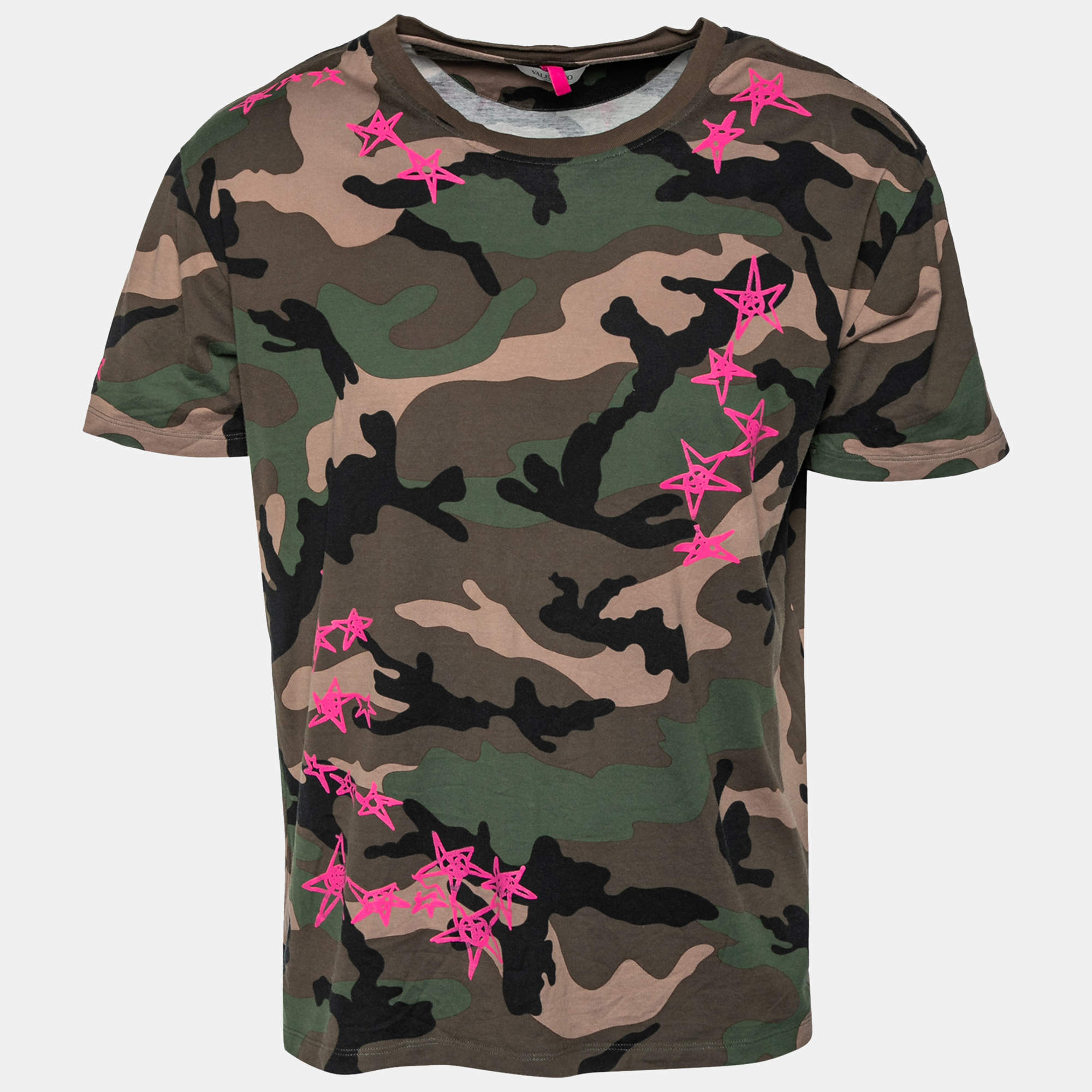 Valentino Green Camouflage and Star Printed Cotton Crew Neck T-Shirt XL