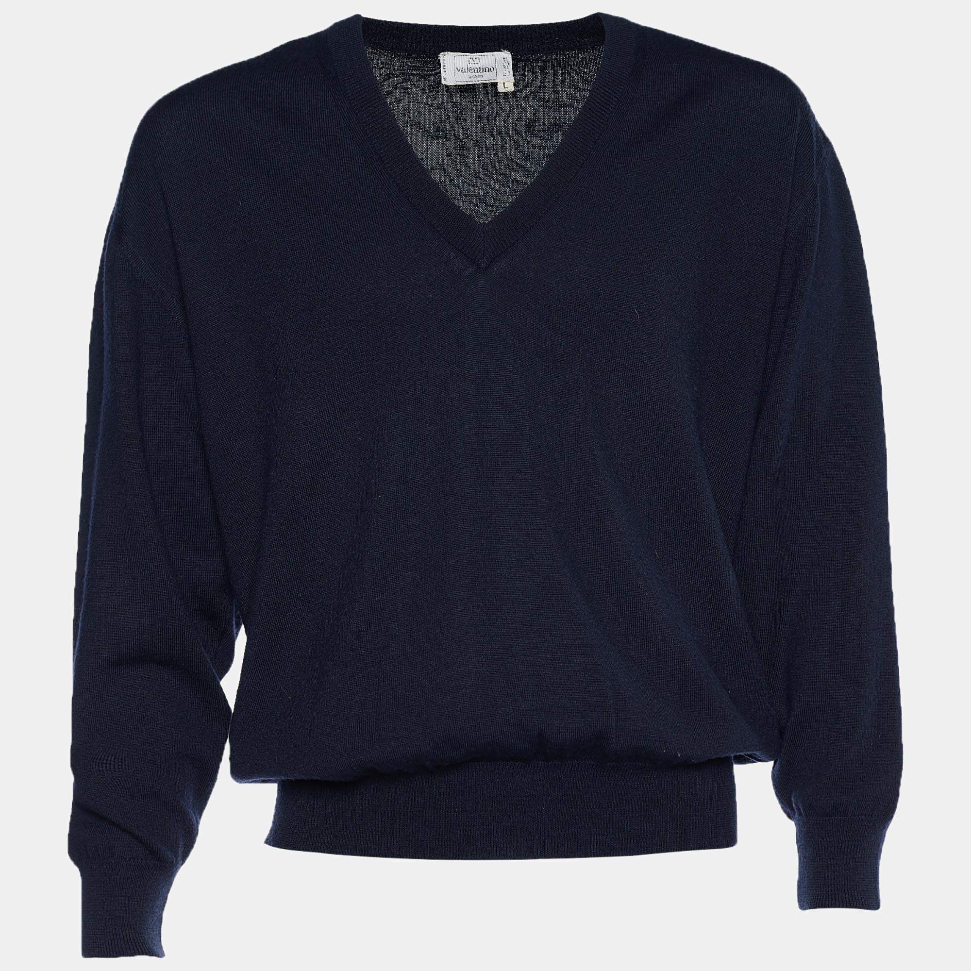 Pre Owned بلوفر فالنتينو أومو أزرق كحلي بنمط مضلع رقبة حرف في مقاس كبير - لارح