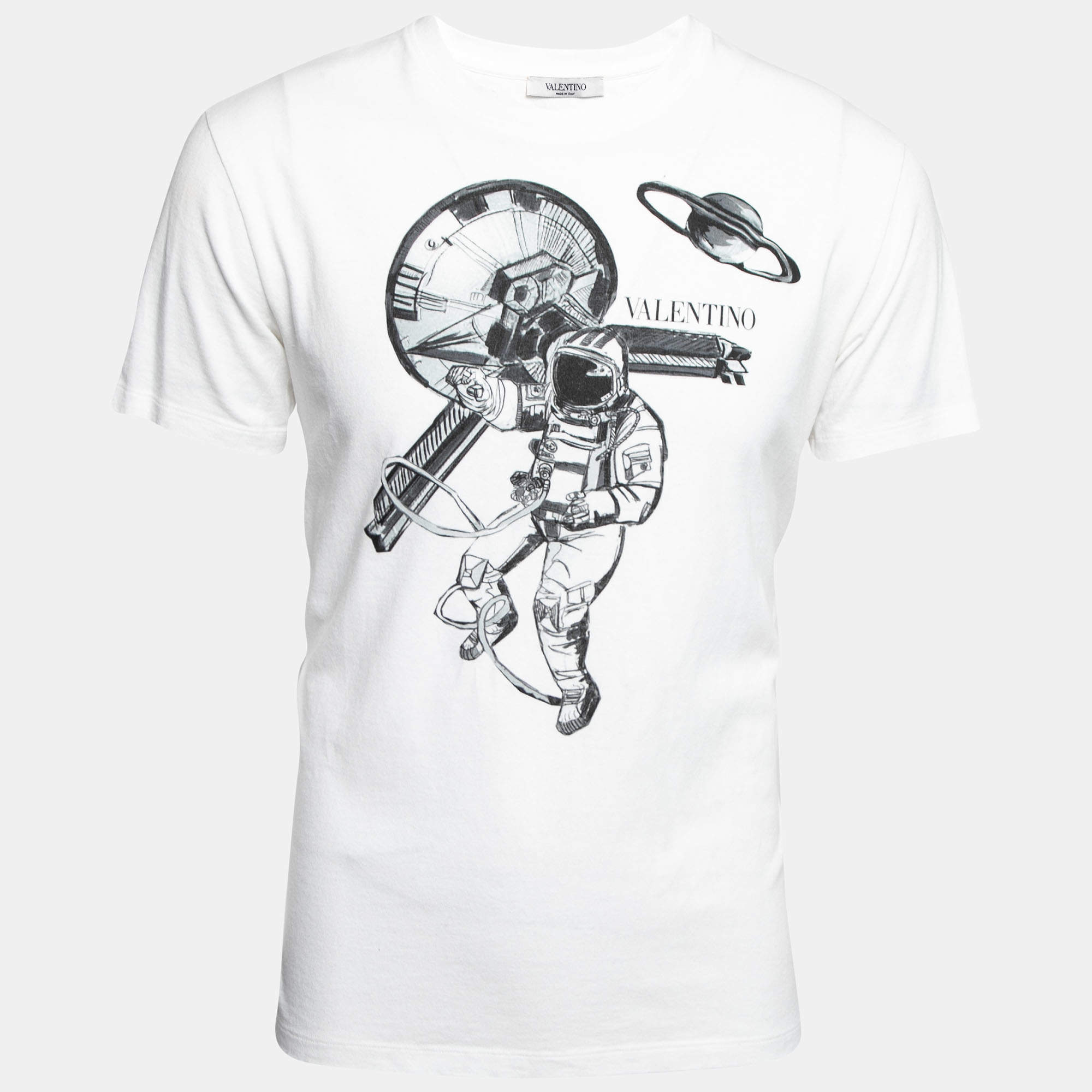 Pre Owned Valentino White Astronaut Printed Cotton Crew Neck T-Shirt S