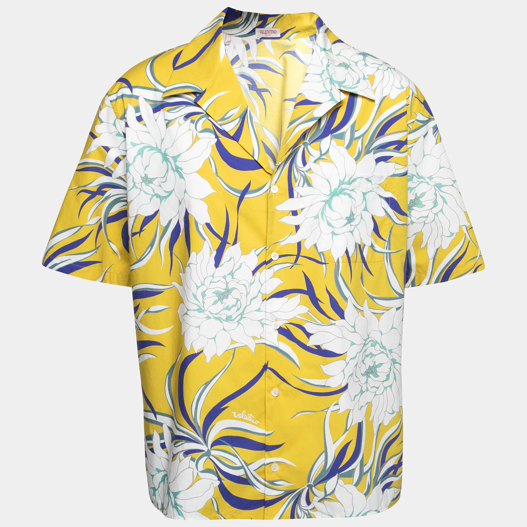 مملوكة مسبقًا Valentino Yellow Floral Printed Cotton Short Sleeve Shirt XXL