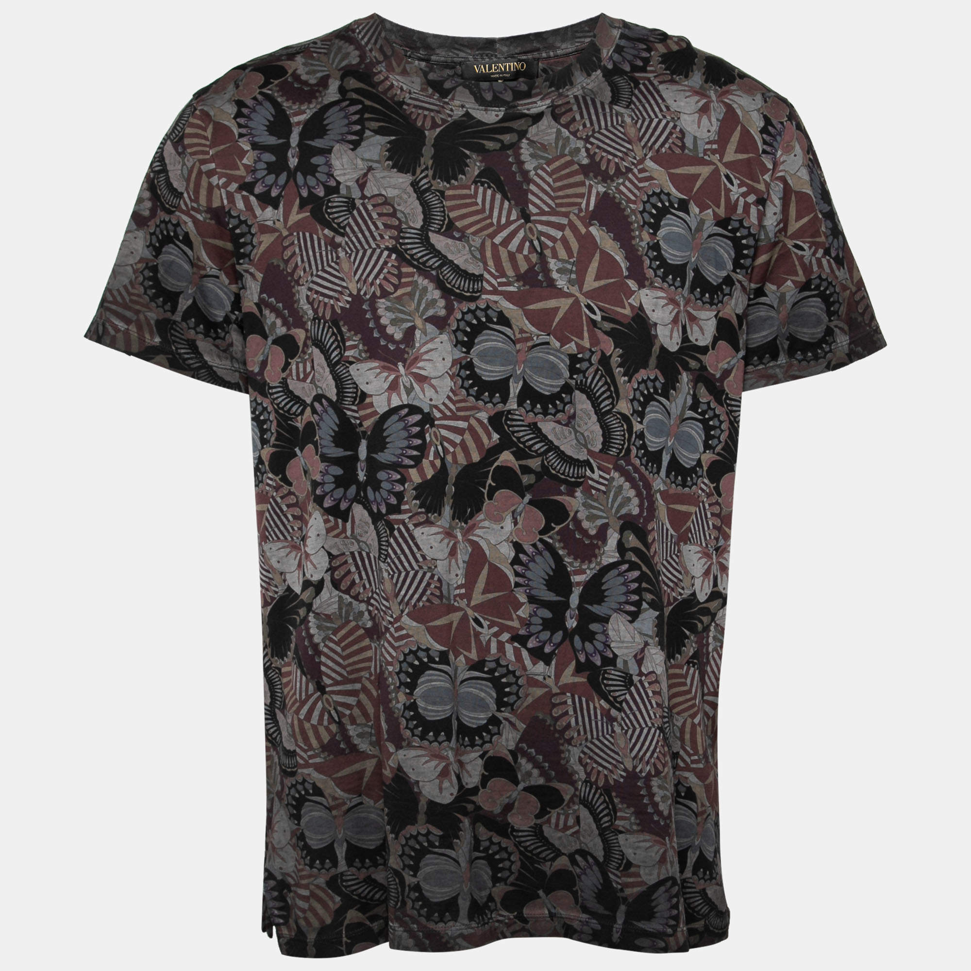 Pre Owned تي شيرت فالنتينو قطن أسود مطبوع فراشات متعددة الألوان مقاس متوسط (ميديوم)