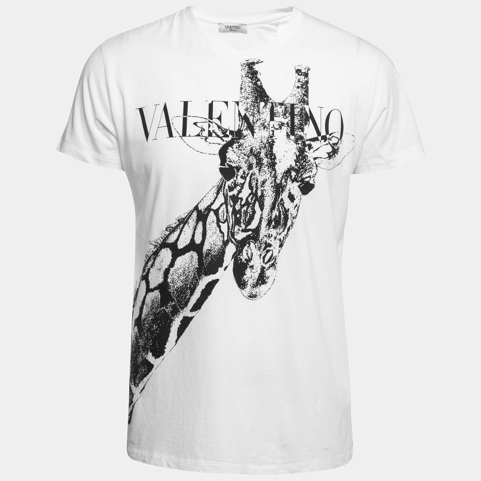 Pre Owned Valentino White Giraffe Logo Printed Cotton Short Sleeve T-Shirt M