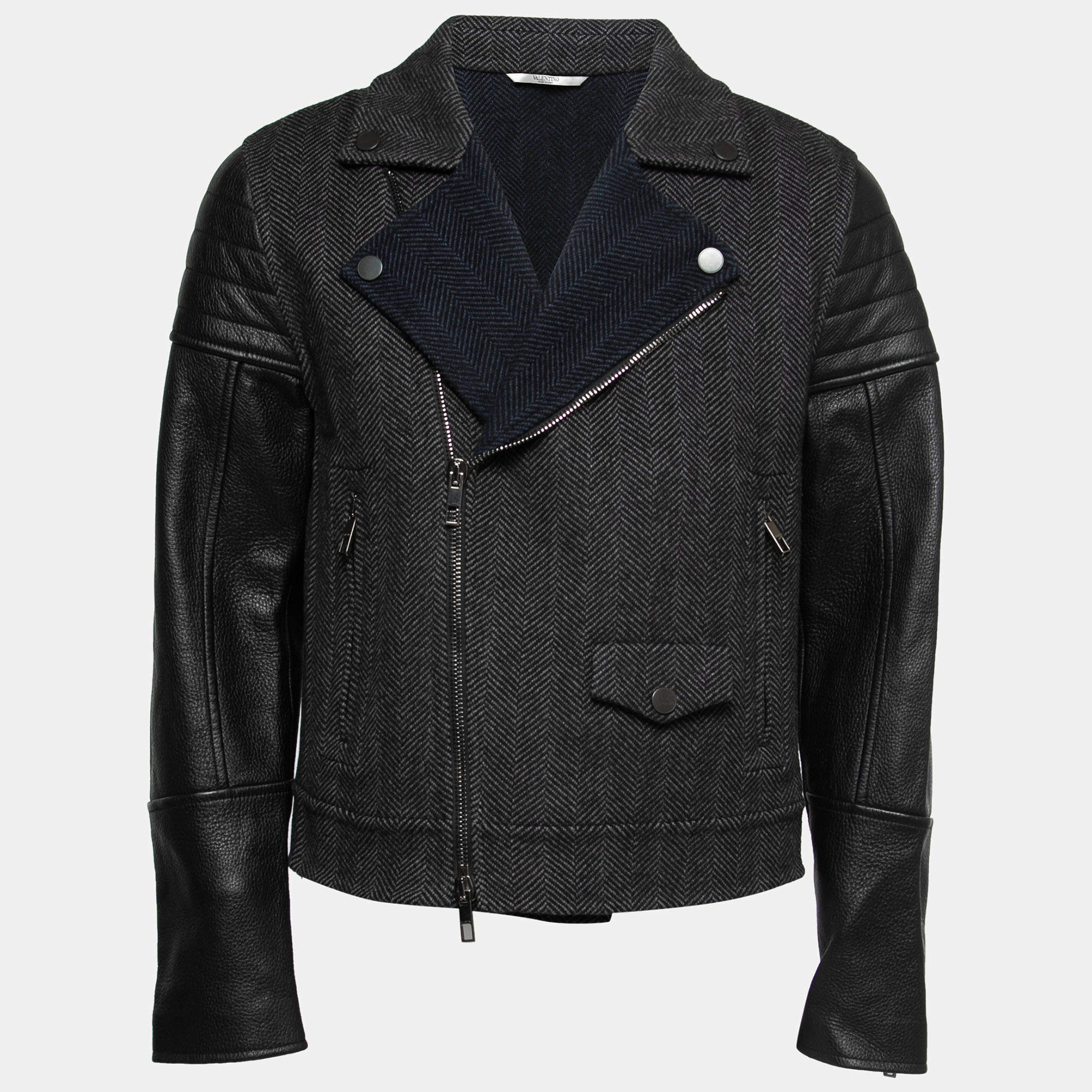 Pre Owned Valentino Black Herringbone Patterned Wool & Leather Biker Jacket L