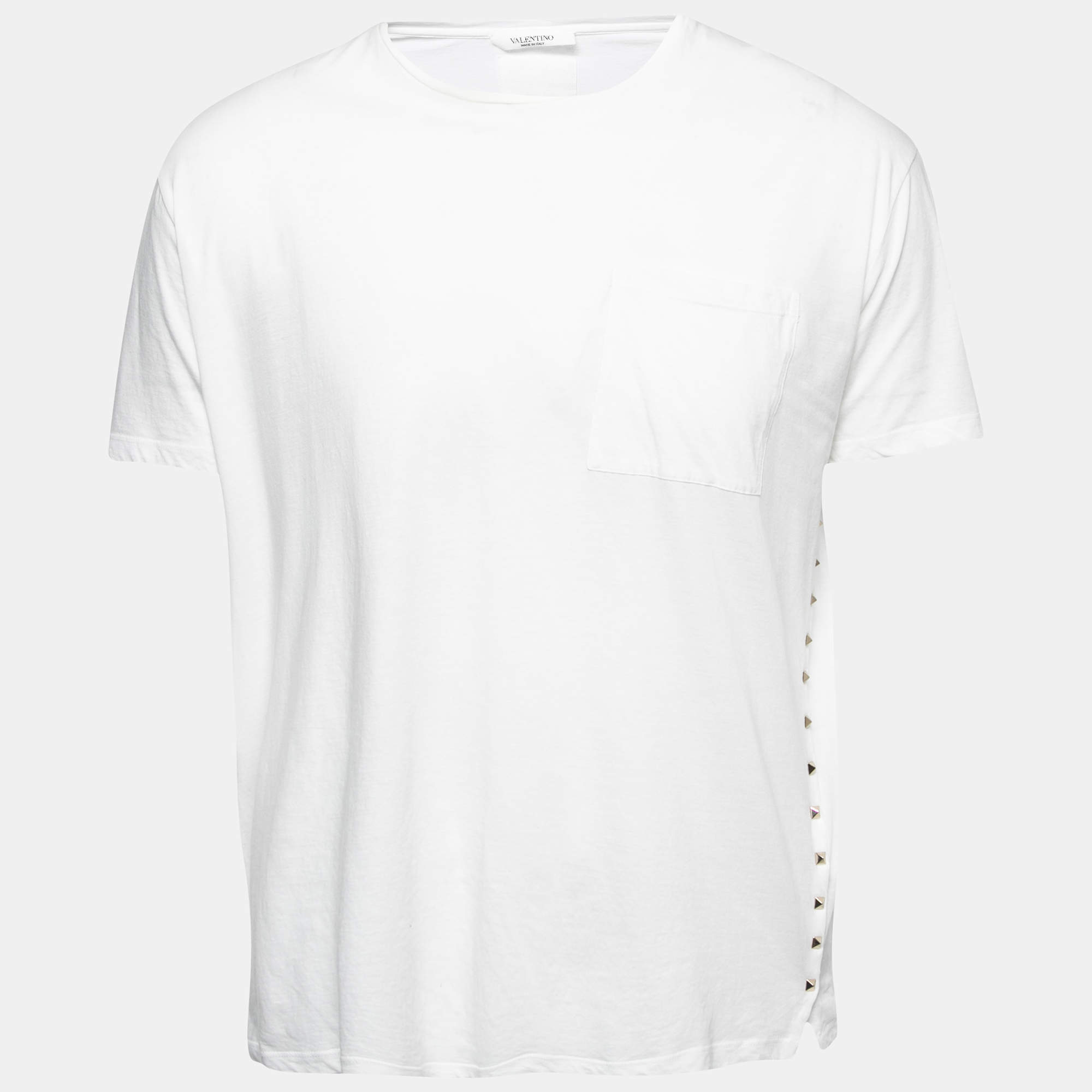 Pre Owned Valentino White Cotton Studded Crewneck T-Shirt L