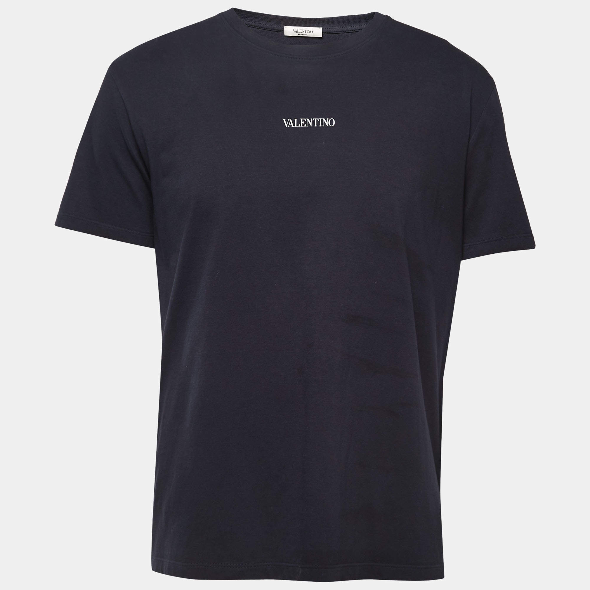 Pre Owned Valentino Navy Blue Logo Print Cotton Crew Neck Half Sleeve T-Shirt L