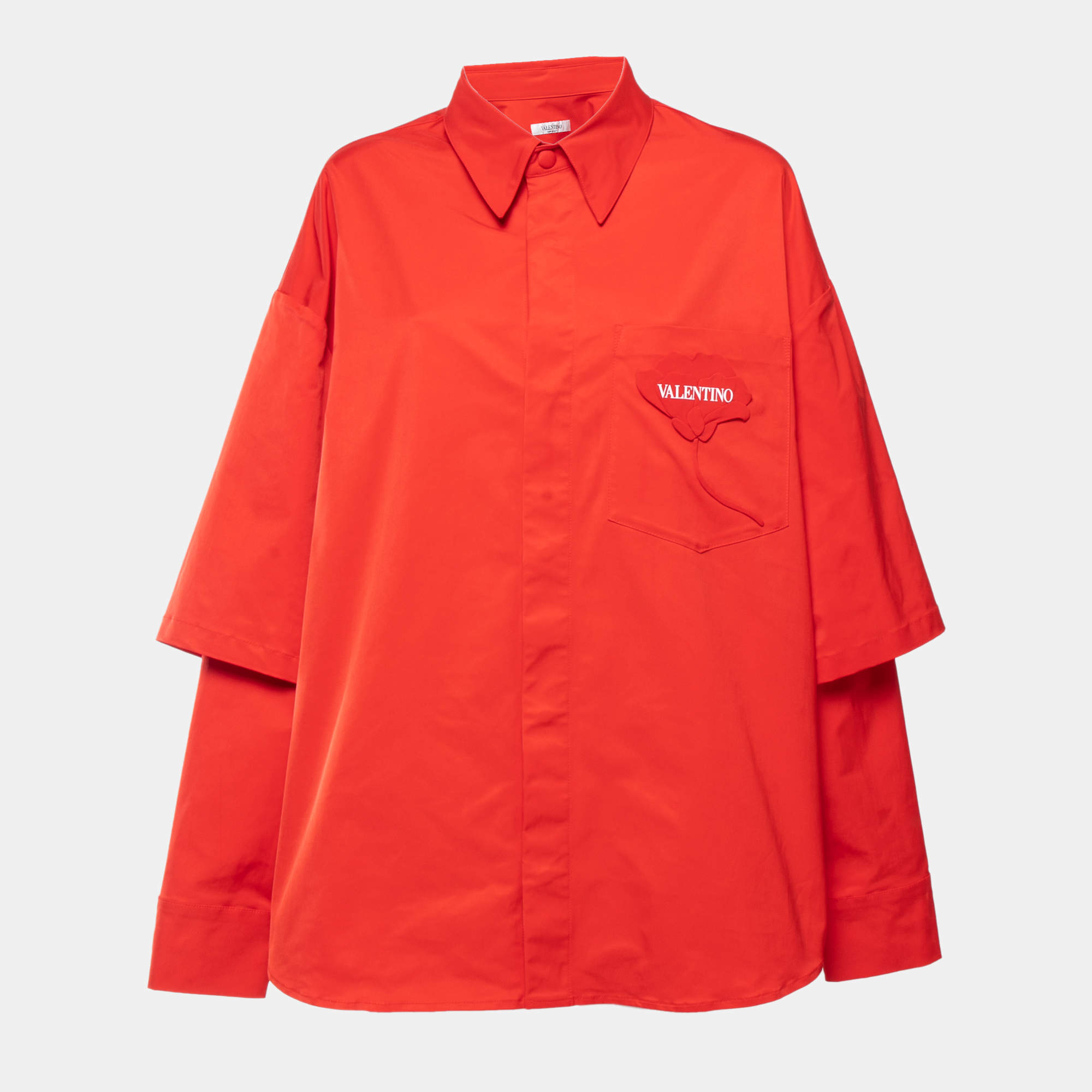 Pre Owned Valentino Red Taffeta Flower Logo Long Sleeve Shirt XL